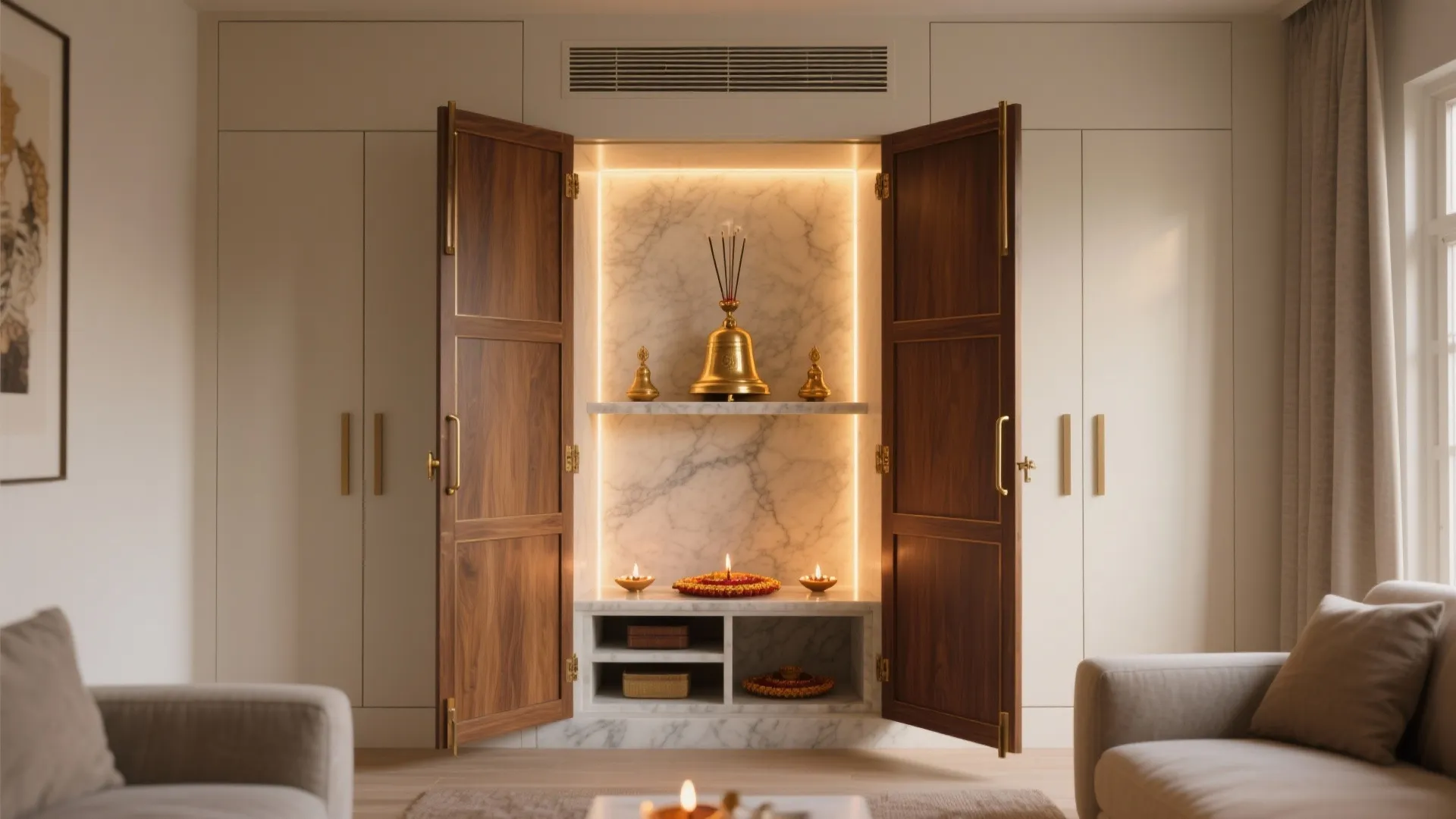 White built in wall cabinet with open wood doors showing marble shelves and golden decor