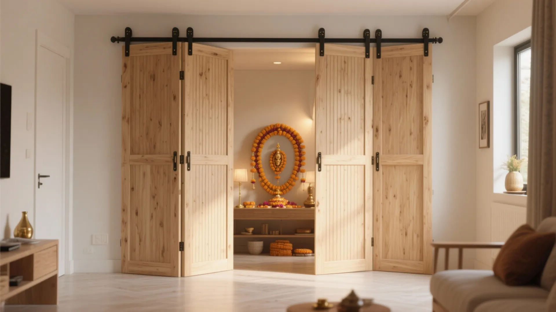 Wooden sliding doors opening to reveal a traditional prayer room with flower decorations and statues
