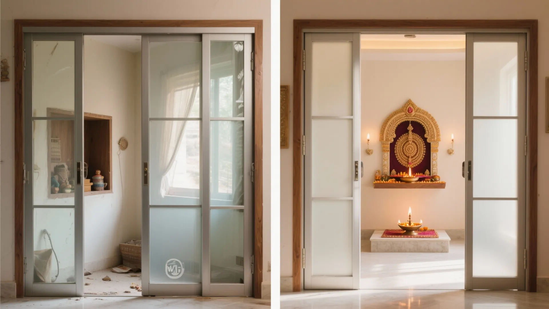 Before and after comparison of an empty messy room versus a clean prayer room space