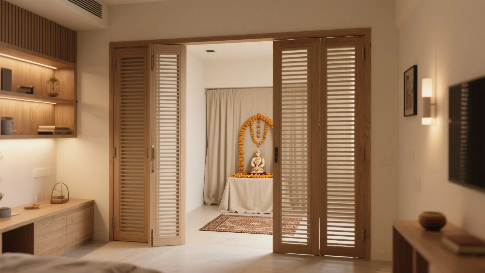 Bi-fold slatted doors open to a small pooja space with a linen backdrop and rug.