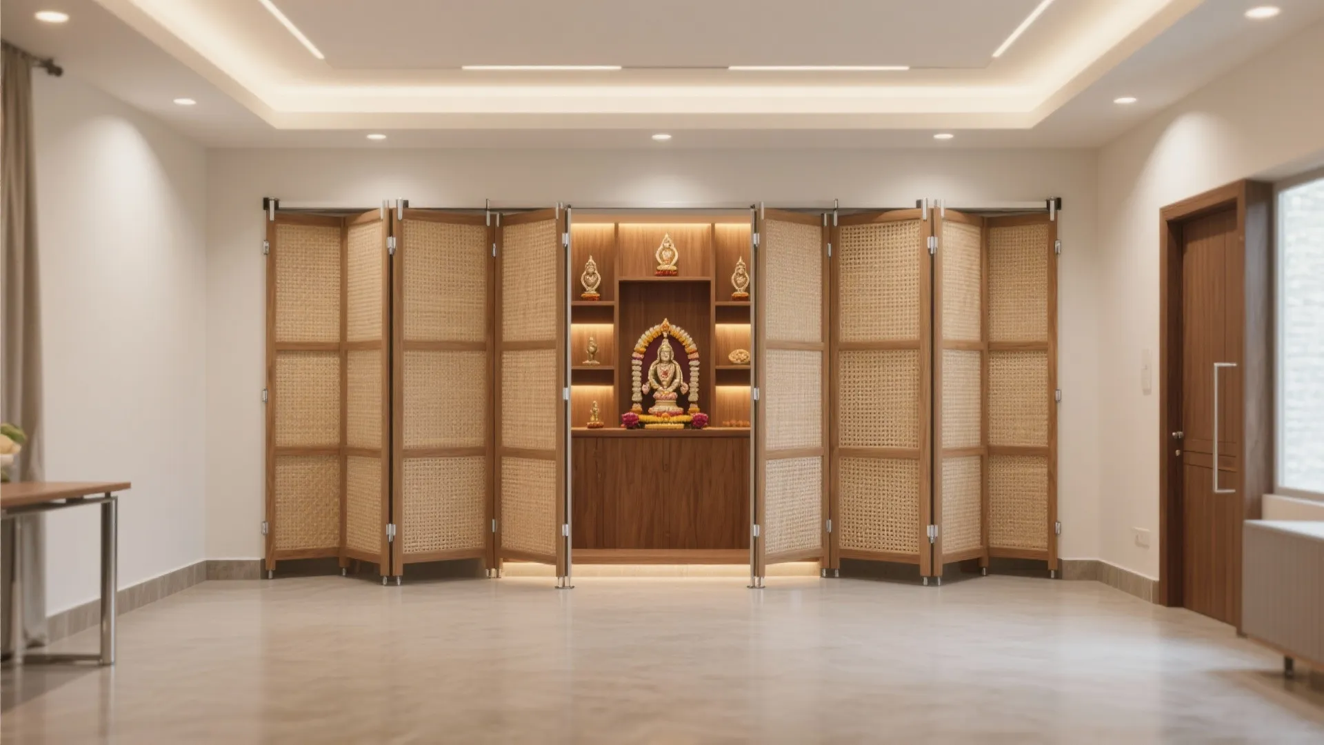 5) Fold-away pooja wall with bi-fold screens