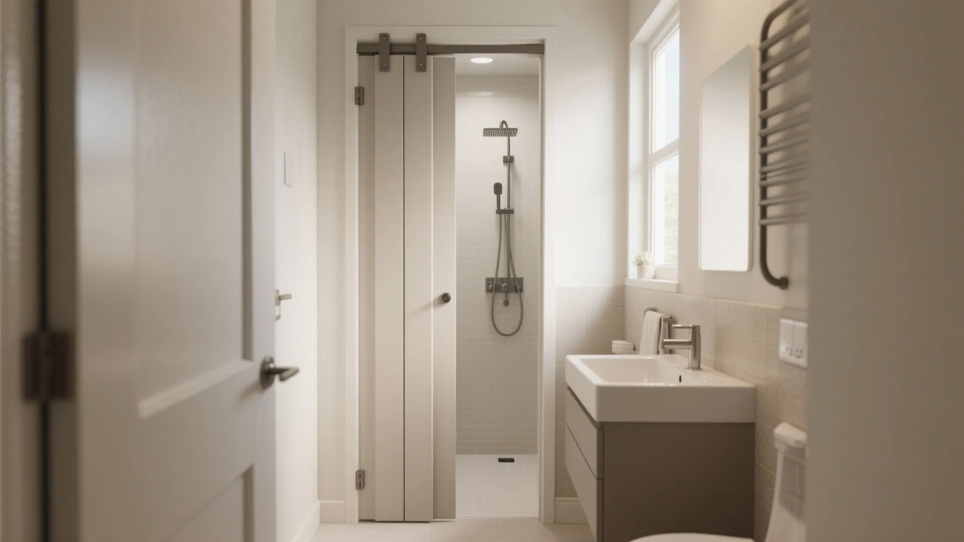 Modern bathroom with white folding door leading to a shower area with sink and mirror