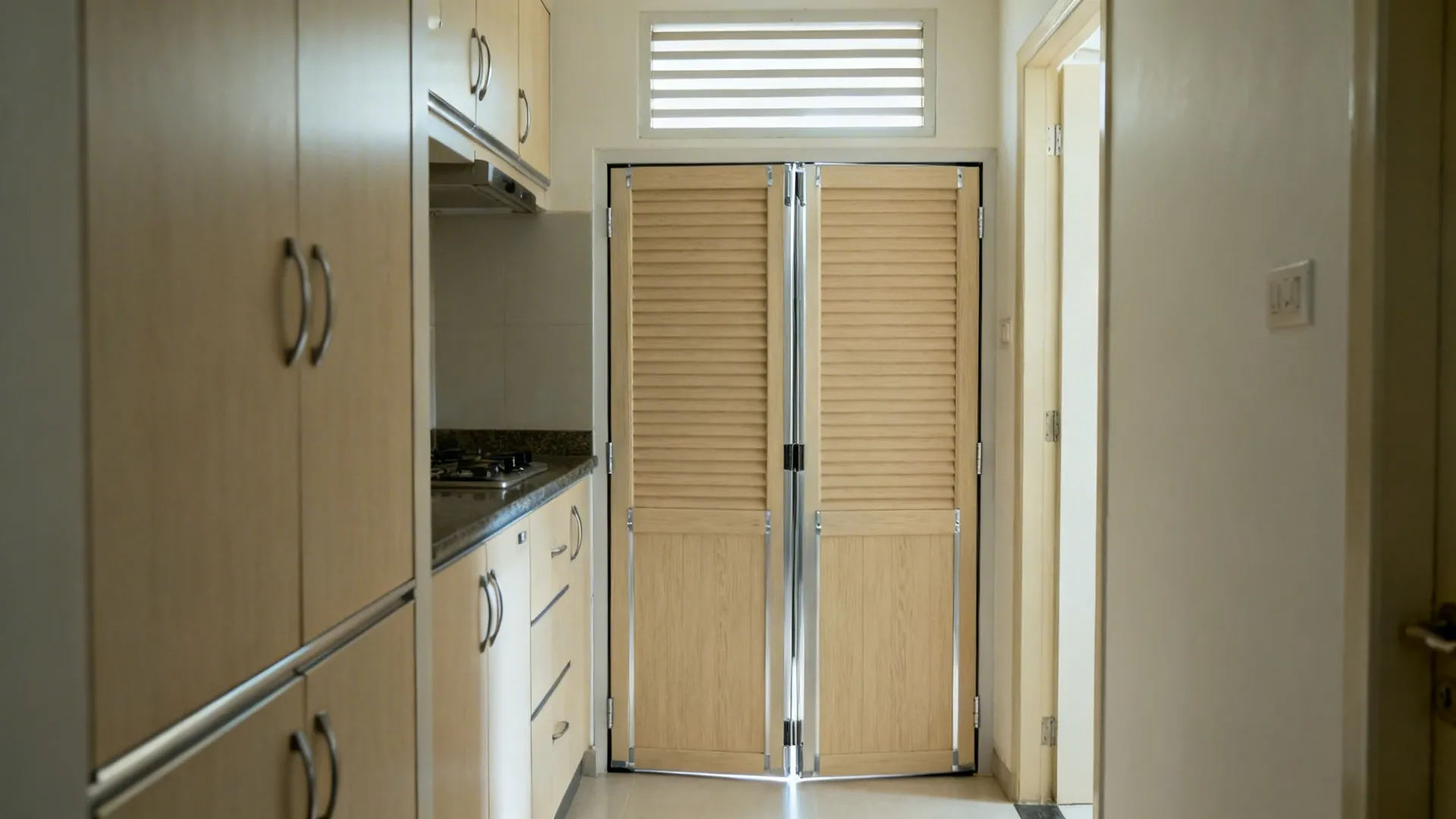 Bi-fold PVC kitchen shutter with horizontal vent slats in a narrow galley.