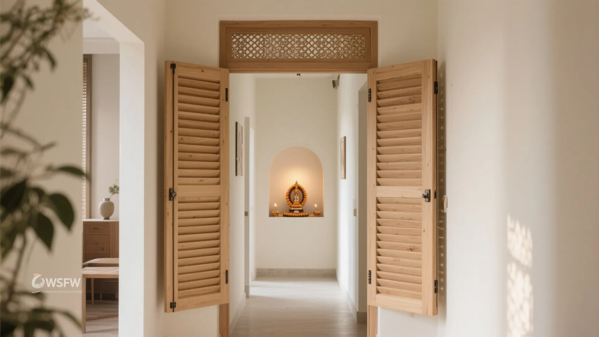 Open wooden window shutters in a white hallway leading to a small religious statue display area