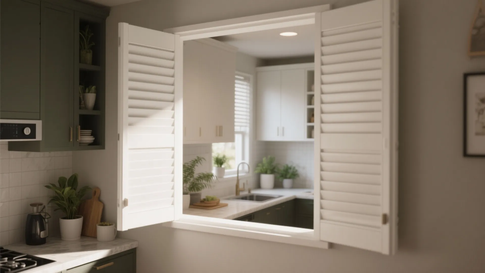 Kitchen wall opening with white folding shutters looking into a bright room with green plant pots