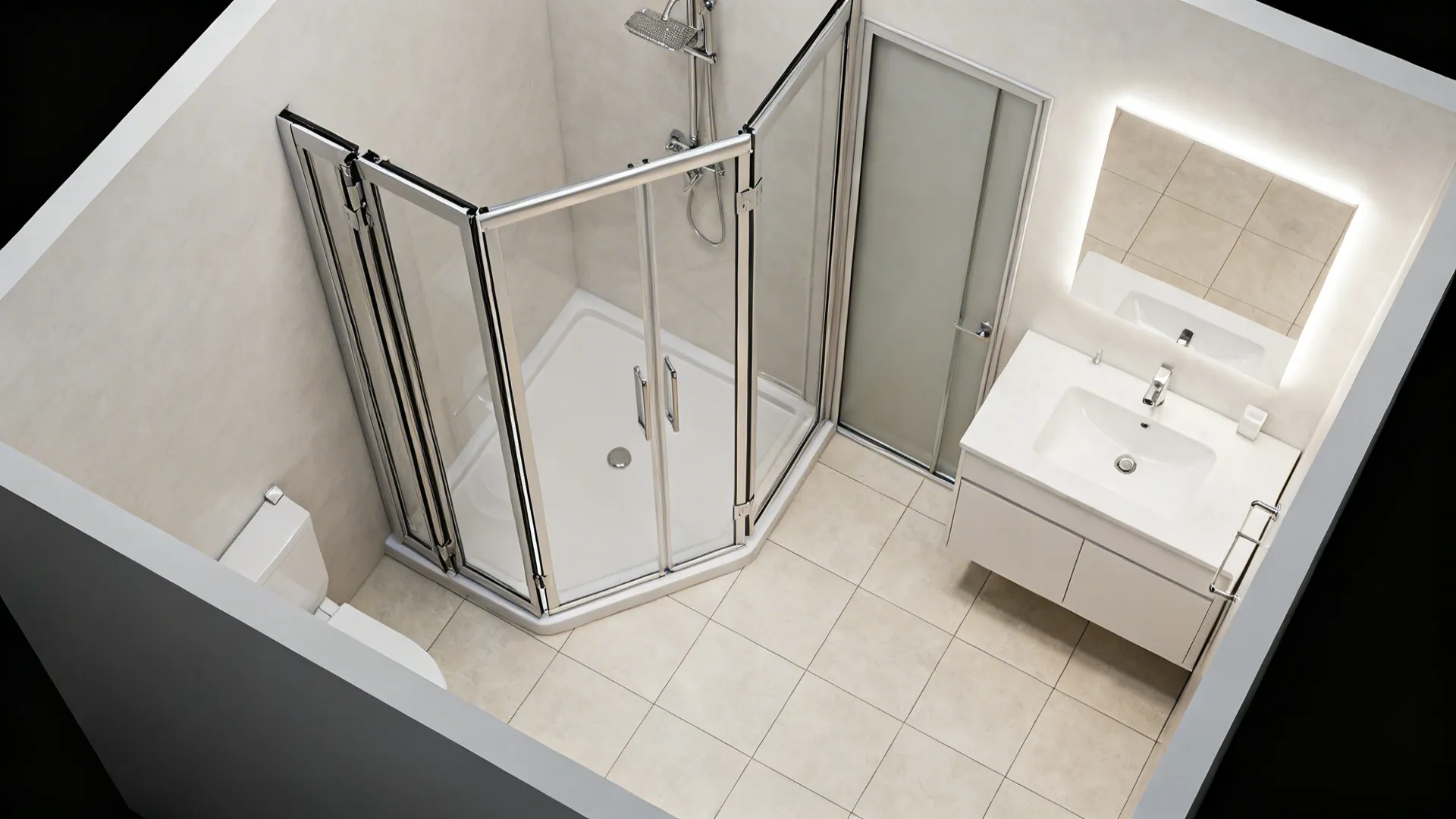 Top-down view showing folding bi-fold and sliding corner shower door options and clear floor path.