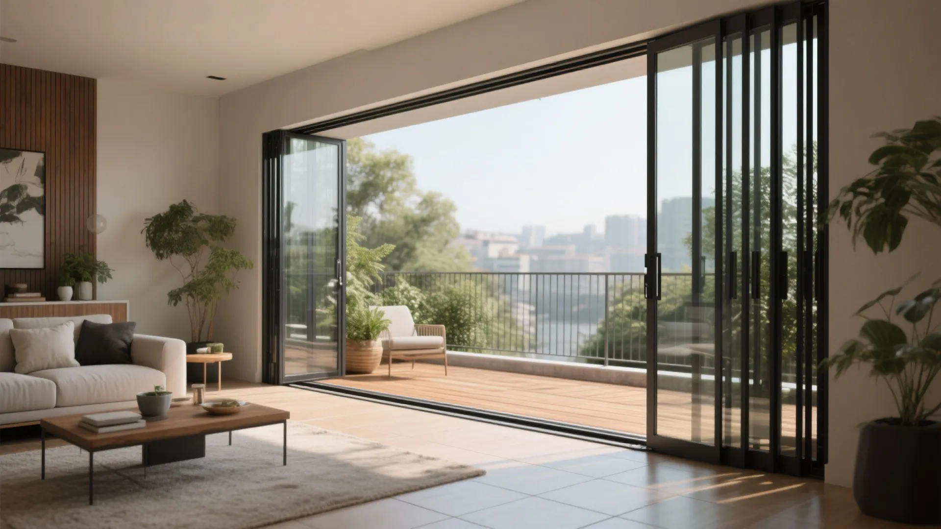 Spacious living room featuring black folding glass doors that lead to a large outdoor deck