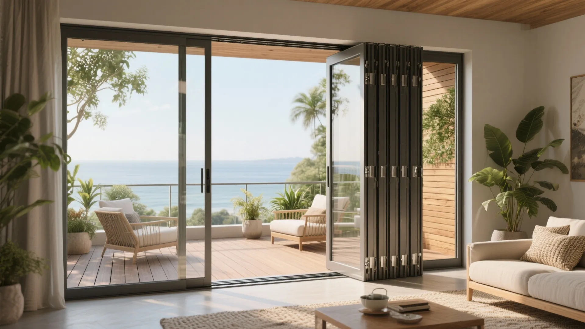 Modern living room with folding glass doors opening to a balcony overlooking the blue ocean