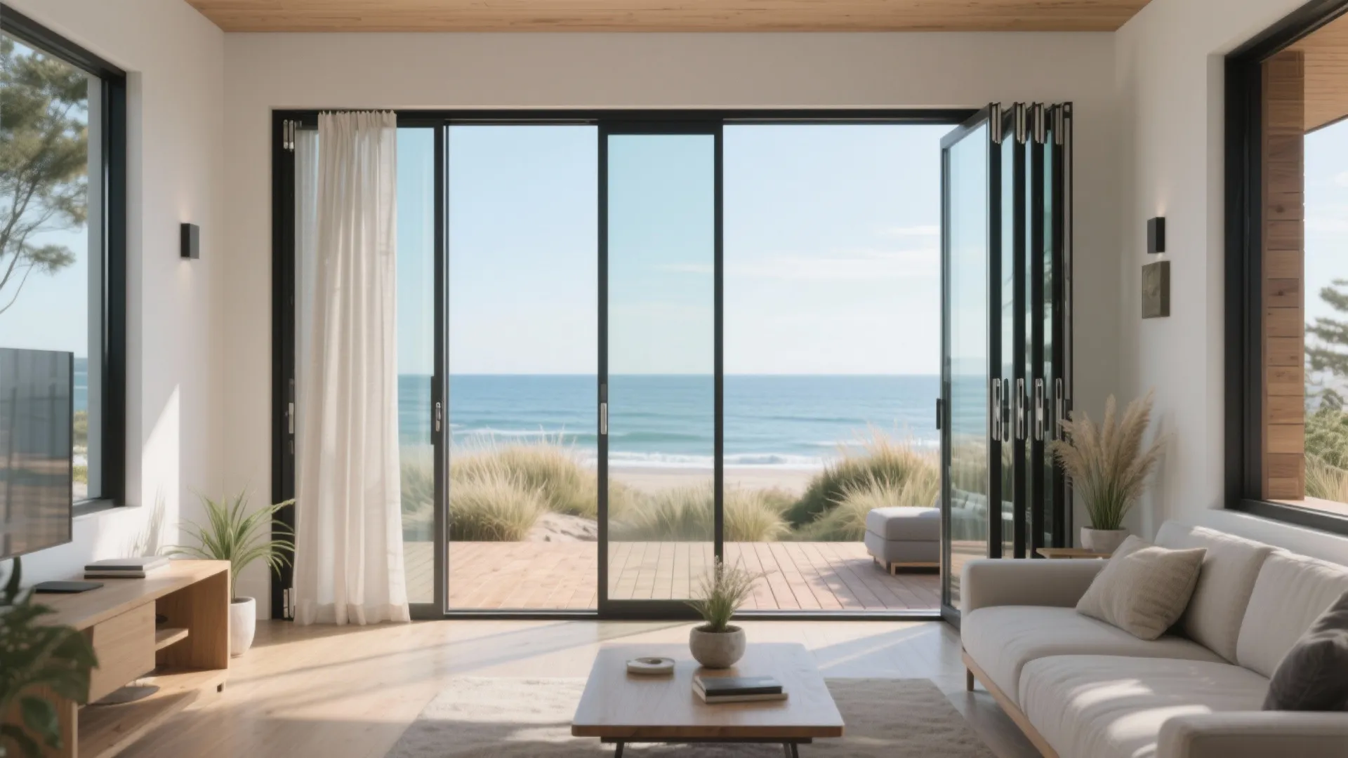 Bright living room with white sofa and open folding doors leading to a beach view
