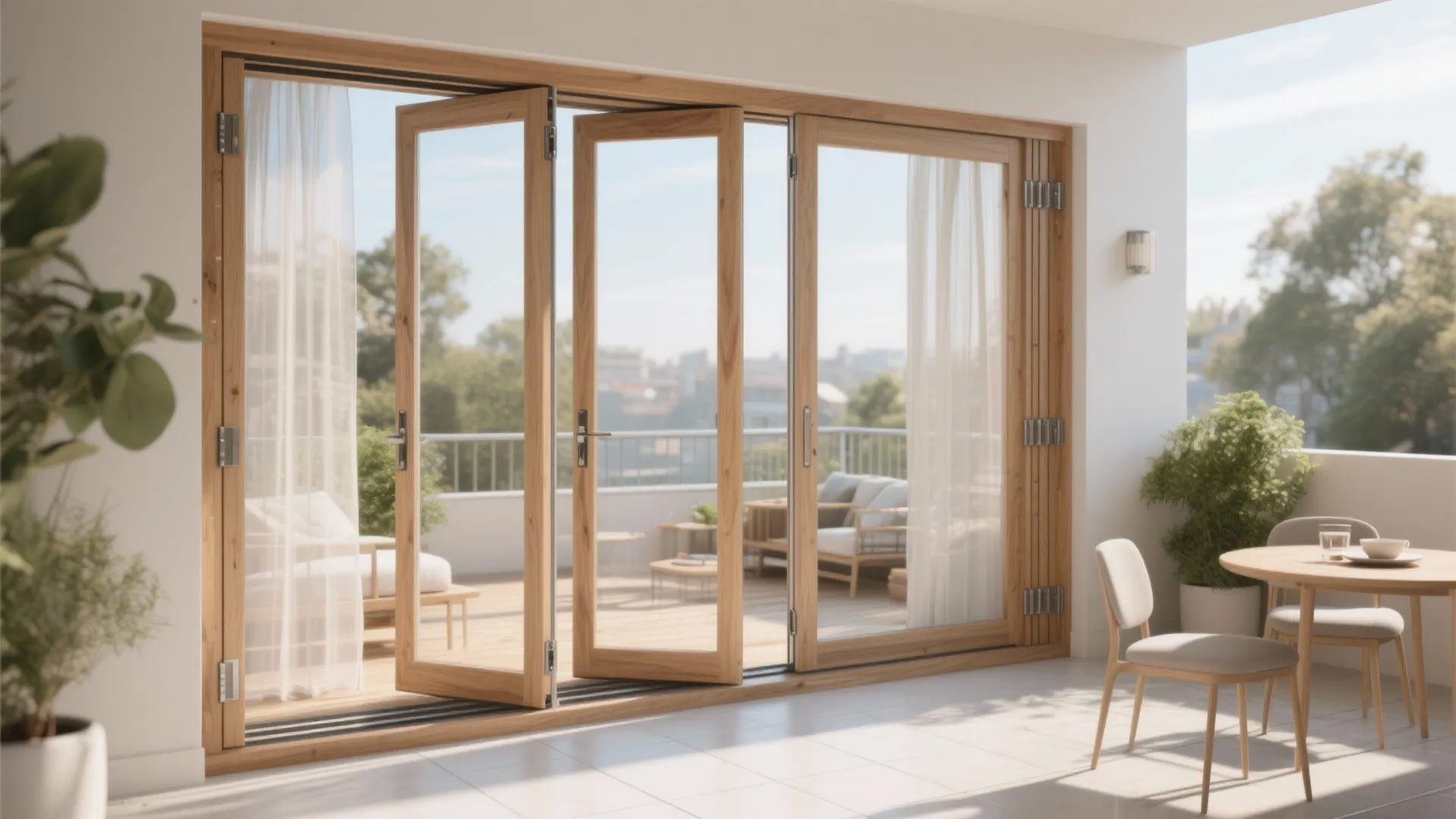 2) Bi-fold (accordion) wooden balcony doors for a wall-to-terrace reveal
