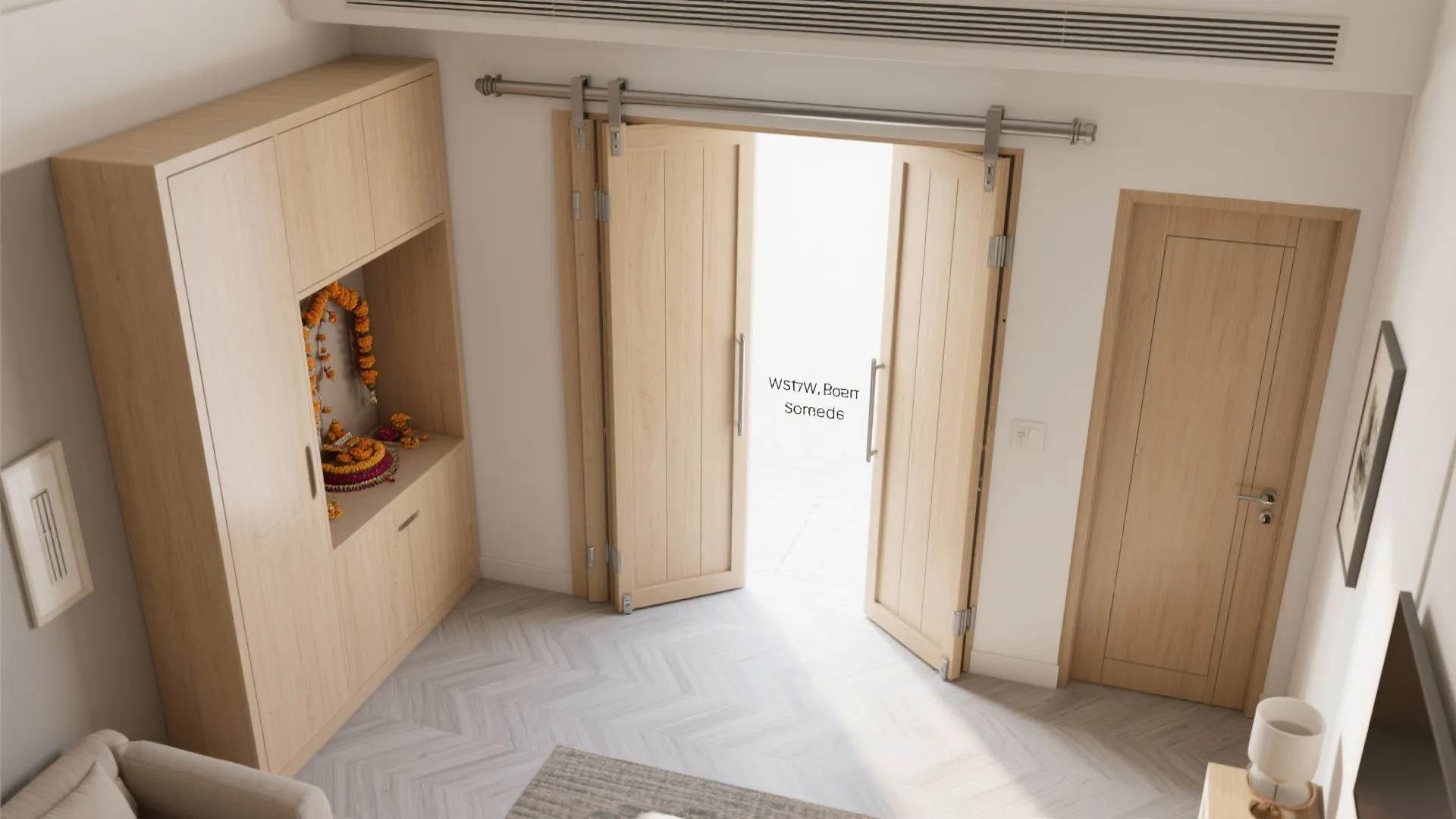 Top view of open folding wood doors leading to a bright white room with cabinets