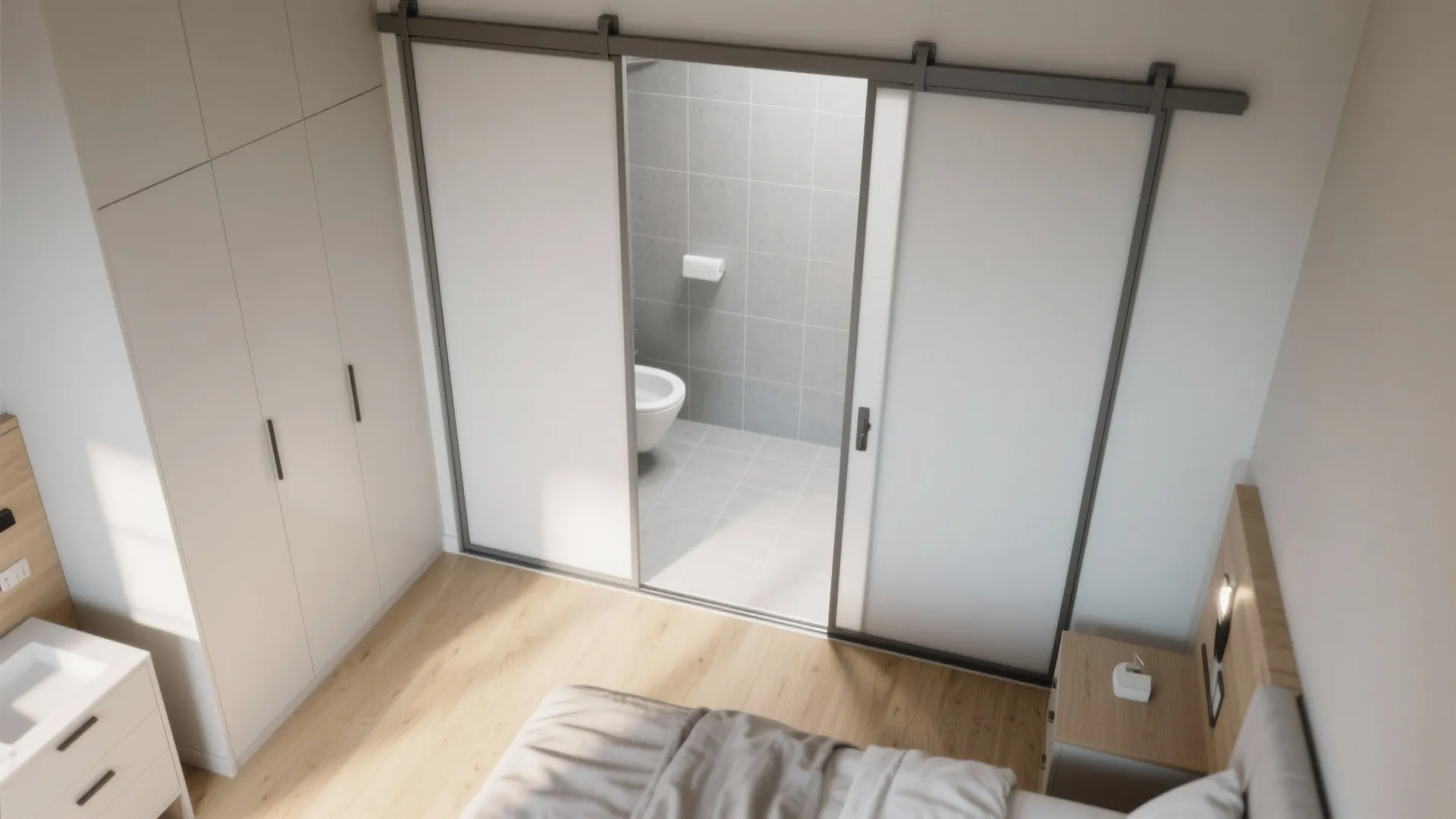 Top down interior design drawing showing bedroom with sliding doors opening to a grey bathroom