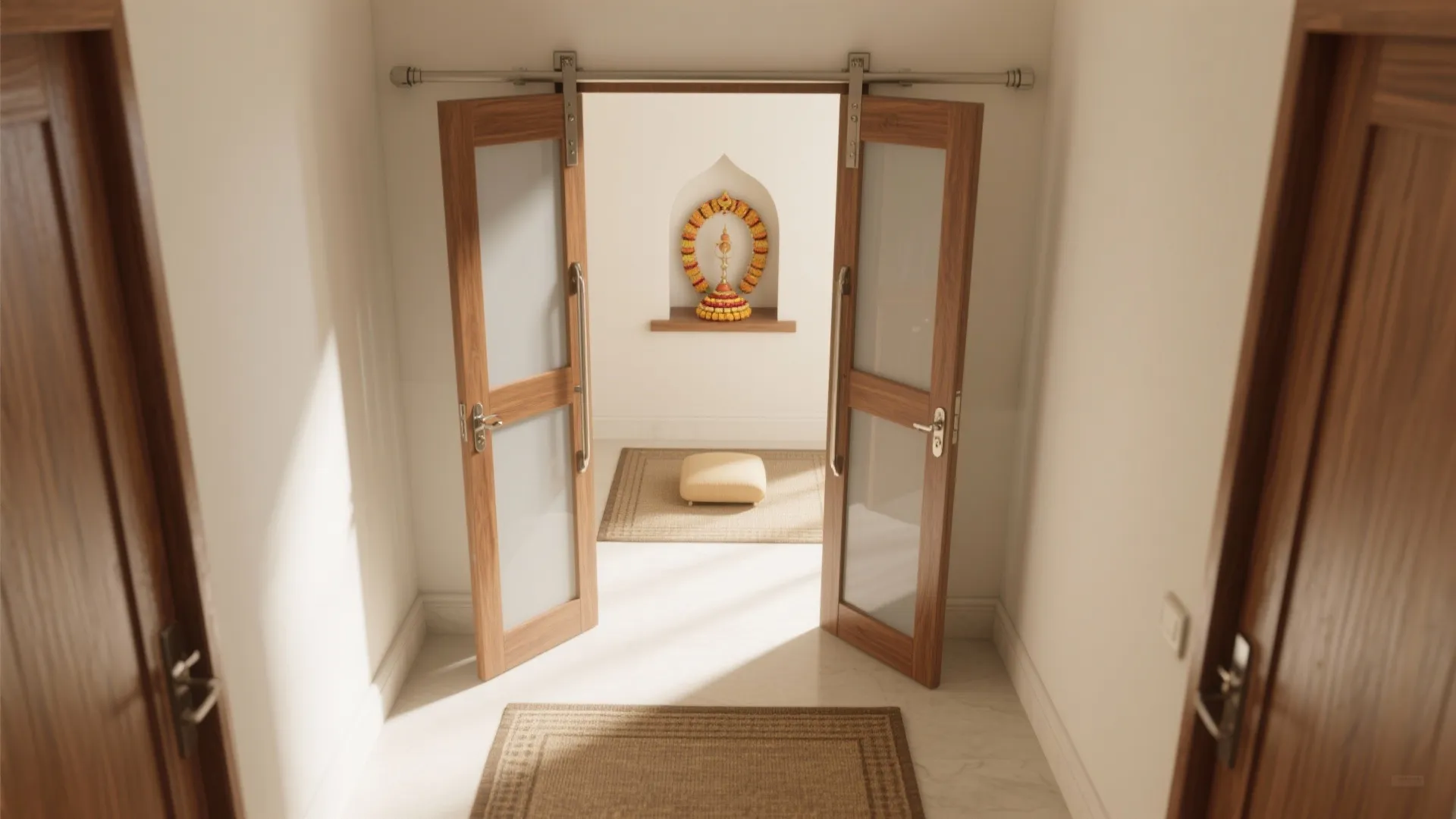 View through open sliding wooden doors into a bright room with small footrest and rug
