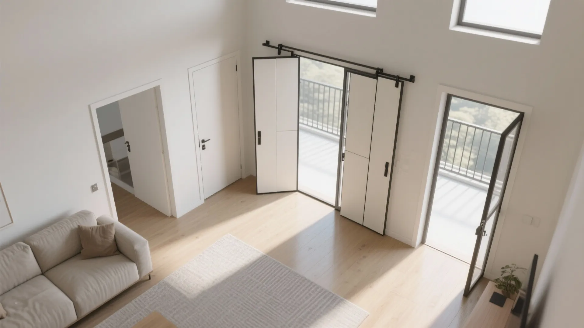 Top-down view showing bi-fold door panel stacking and clear traffic paths.