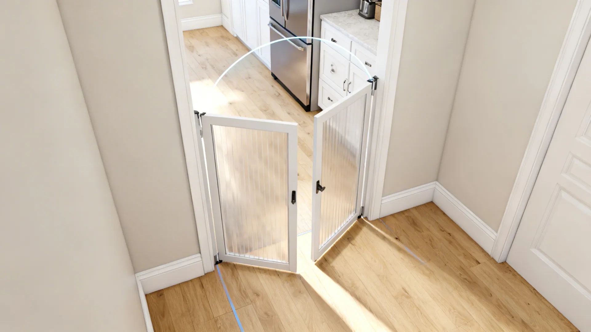 Top-down view illustrating bi-fold gate stack and clearance in a narrow kitchen entry.