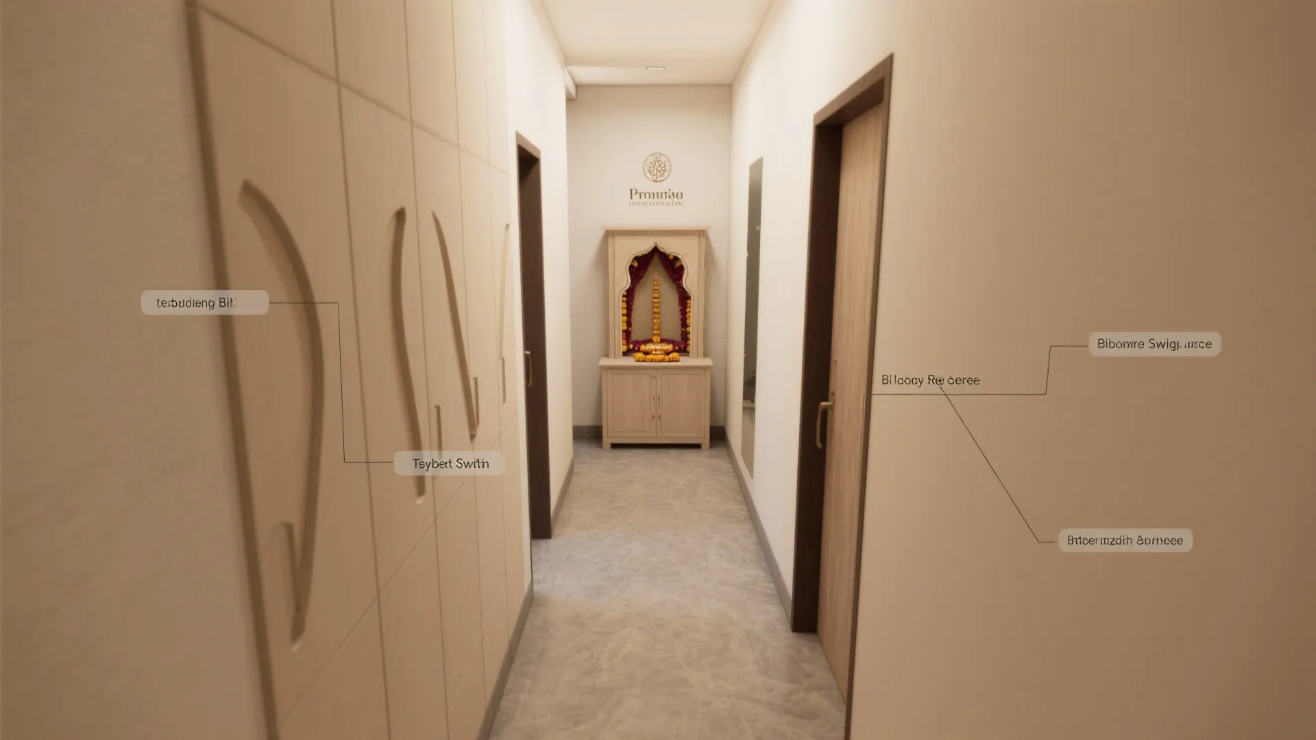 Interior design drawing of a hallway featuring wall panels, wooden doors, and a small cabinet