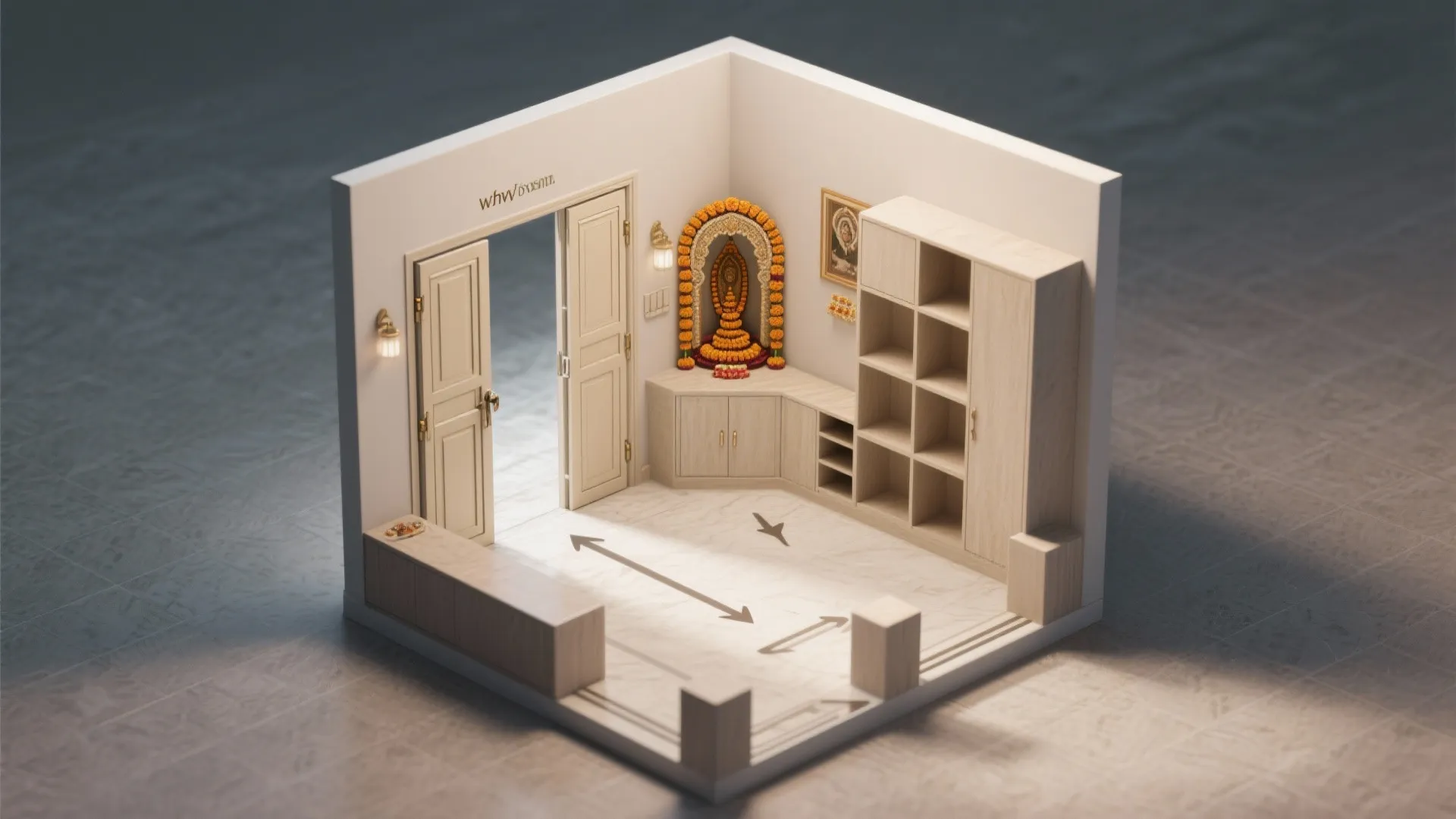 Top-down view of a pooja corner with bi-fold door paths and tidy storage layout.