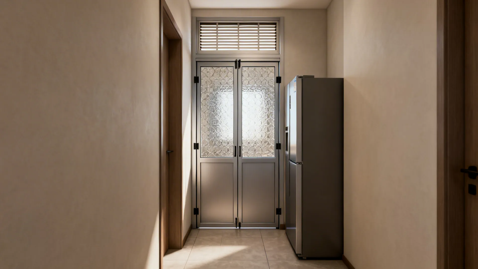 Narrow bi-fold kitchen gate with a ventilated transom above in a small Indian apartment corridor.