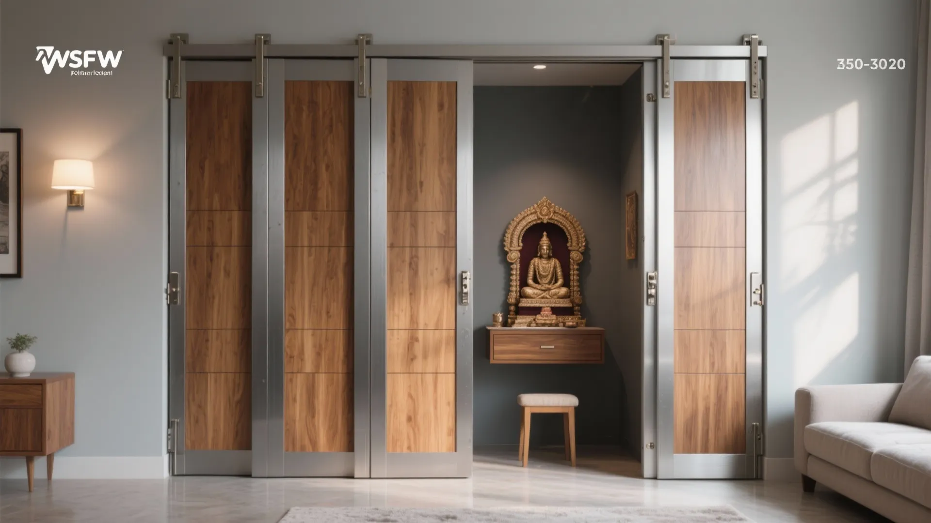 Folding wood and metal doors opening to reveal a small prayer room with gold statue