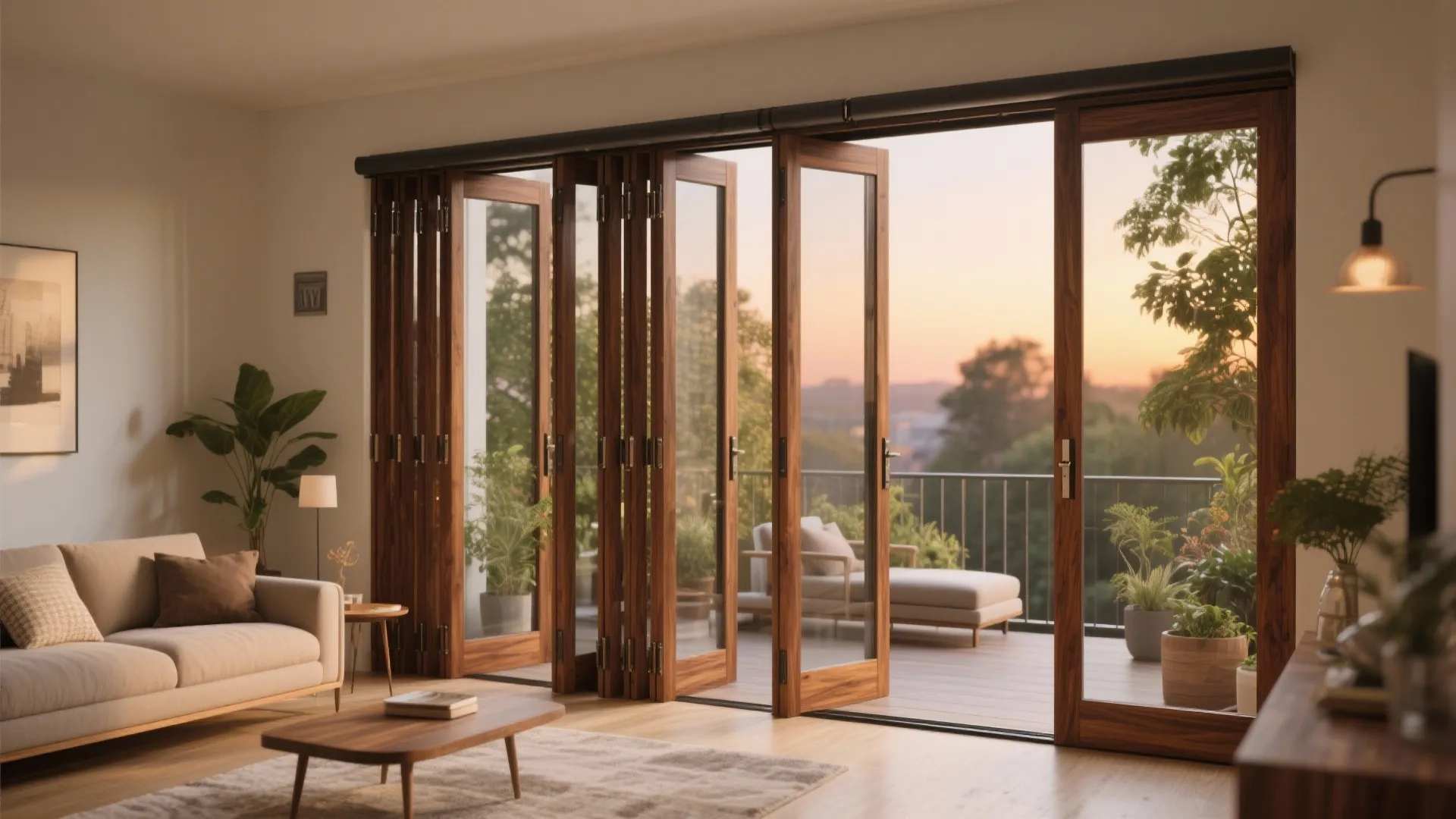 Bi-fold wood doors stack aside to create a seamless indoor–outdoor opening in a compact living room.