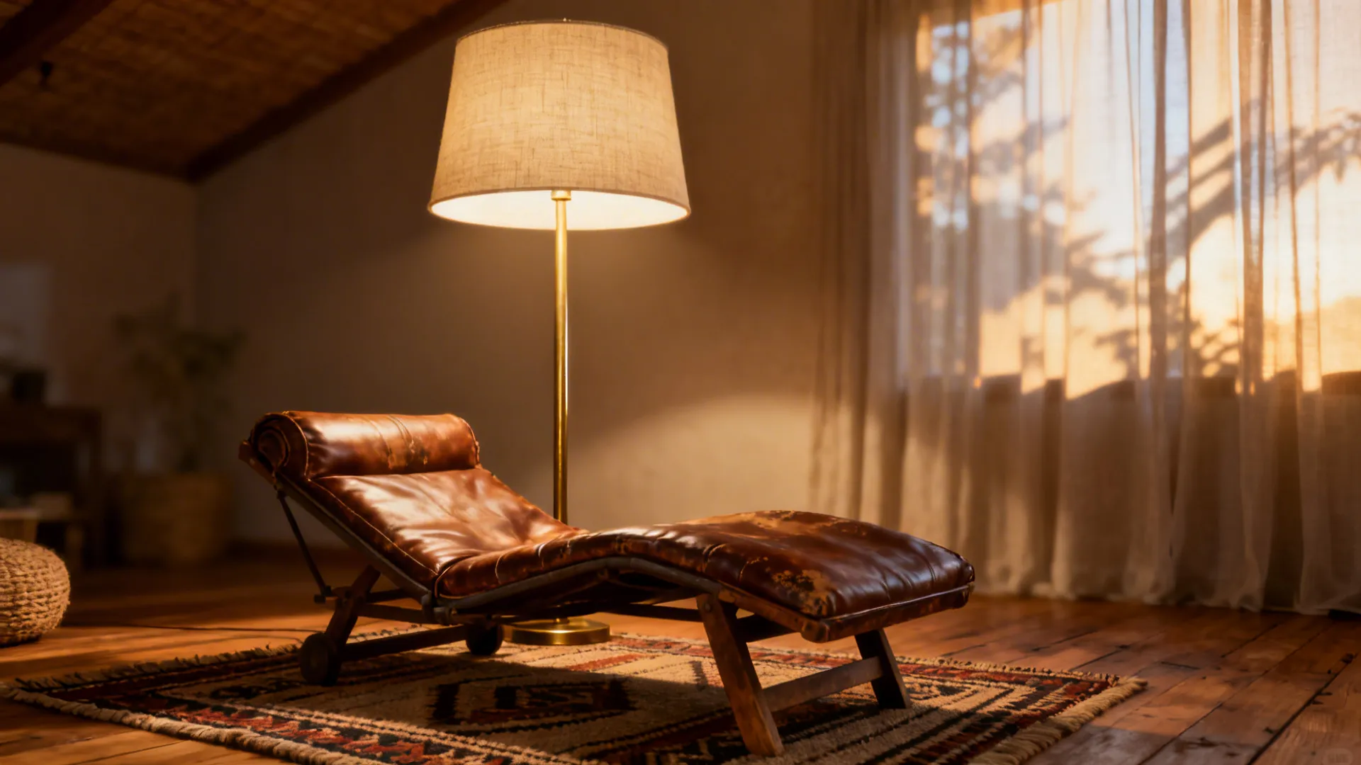 Reading nook with a tall floor lamp with a large linen shade and slim brass base casting warm light.