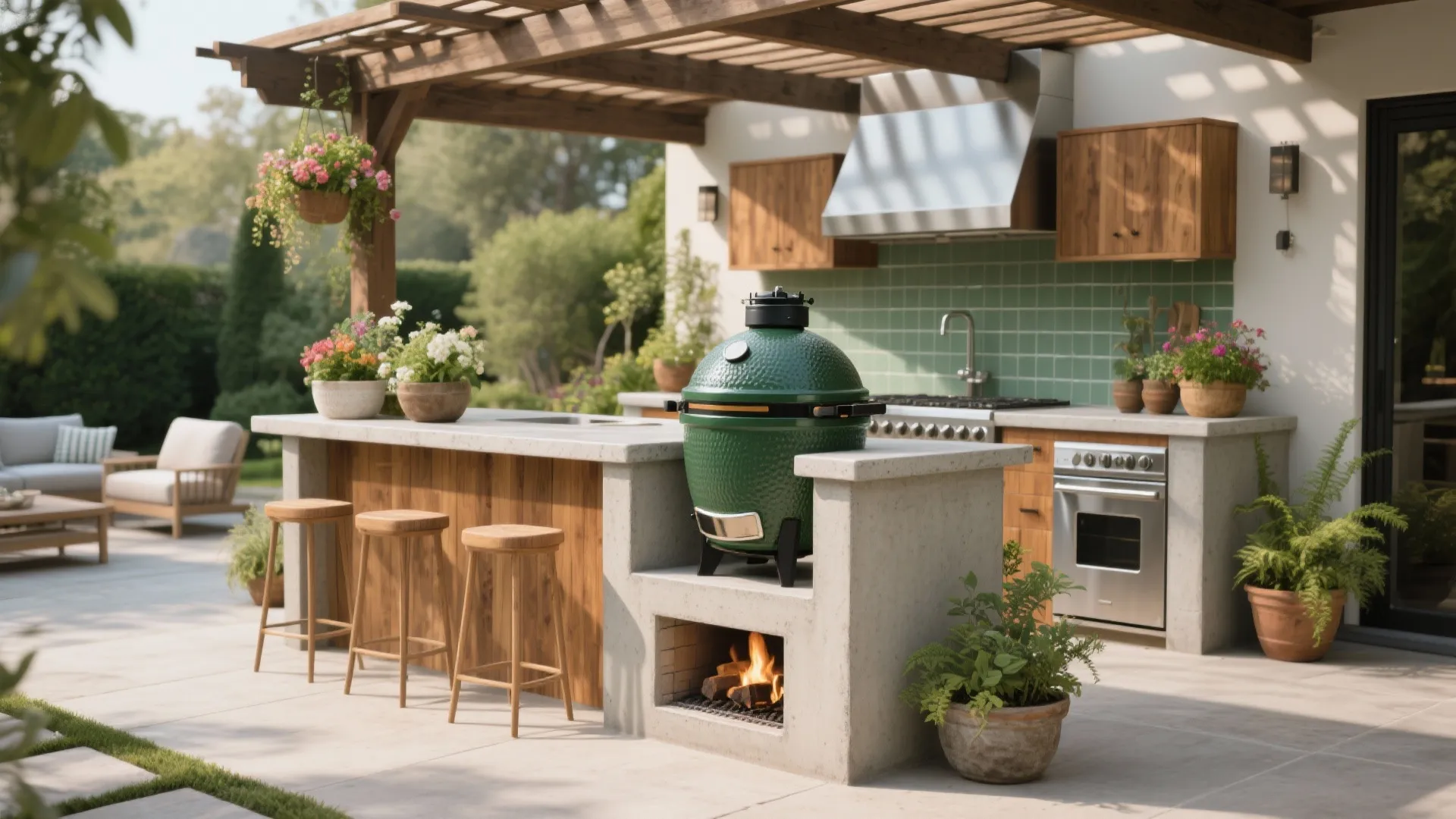Modern outdoor kitchen featuring green grill concrete counter wooden roof stools and green wall tiles