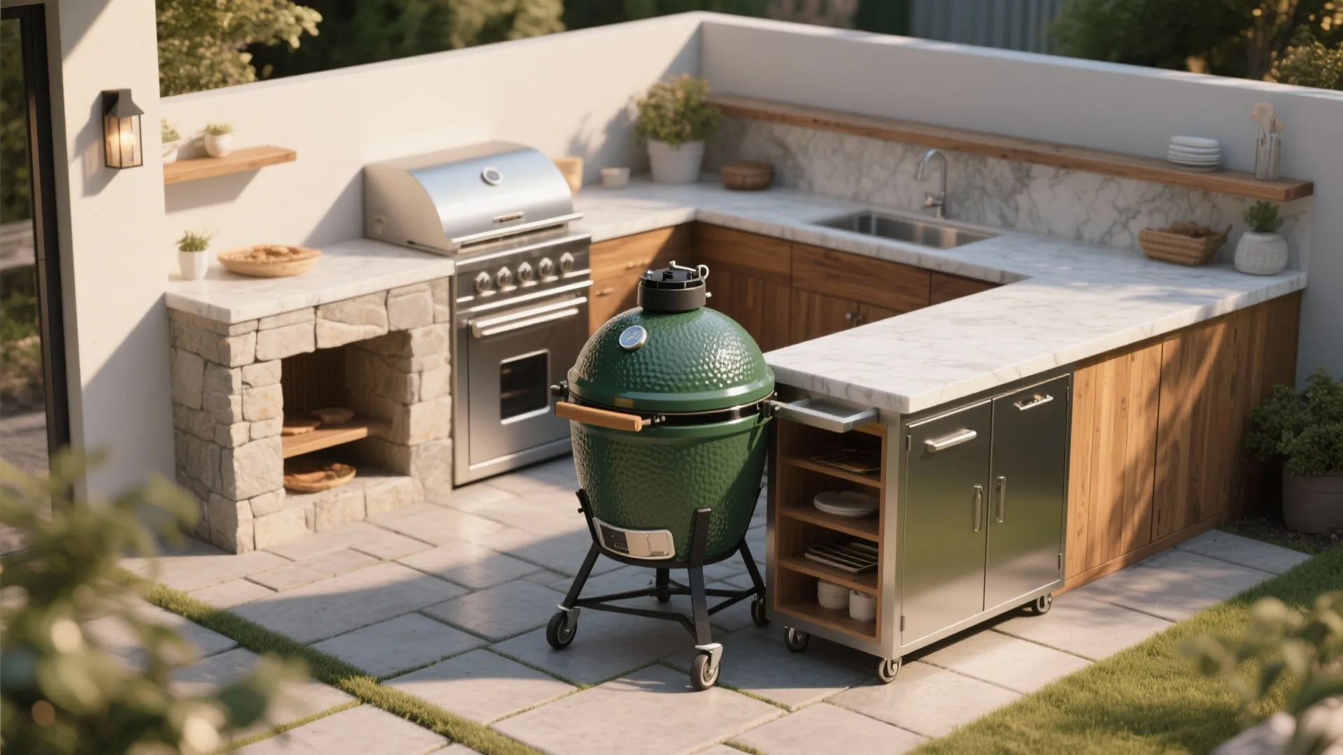 Outdoor kitchen design with green egg grill and marble countertop for backyard barbecue patio cooking