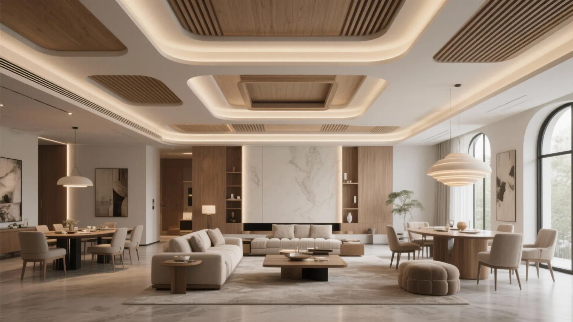 Large open living area featuring wood ceiling panels recessed lighting cream sofas and dining tables