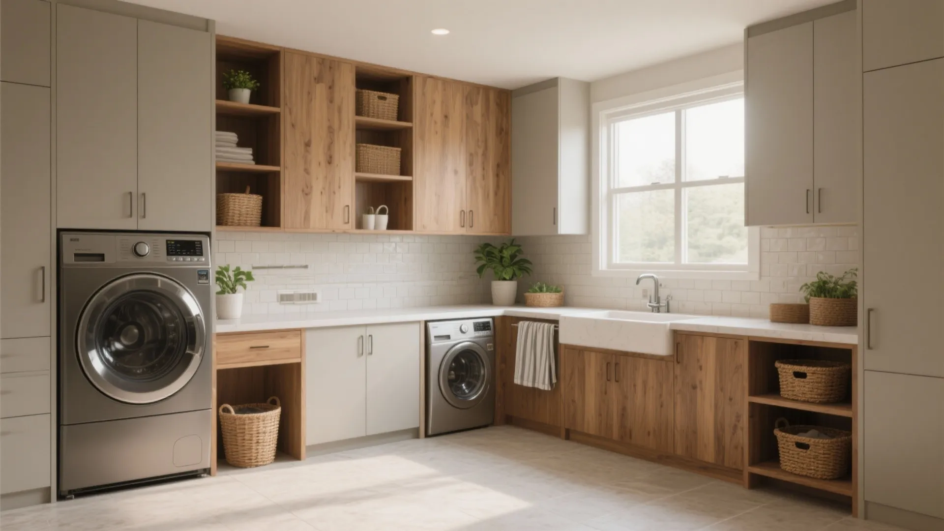 Laundry room with wooden cabinets white sink washing machine dryer under a window and plants