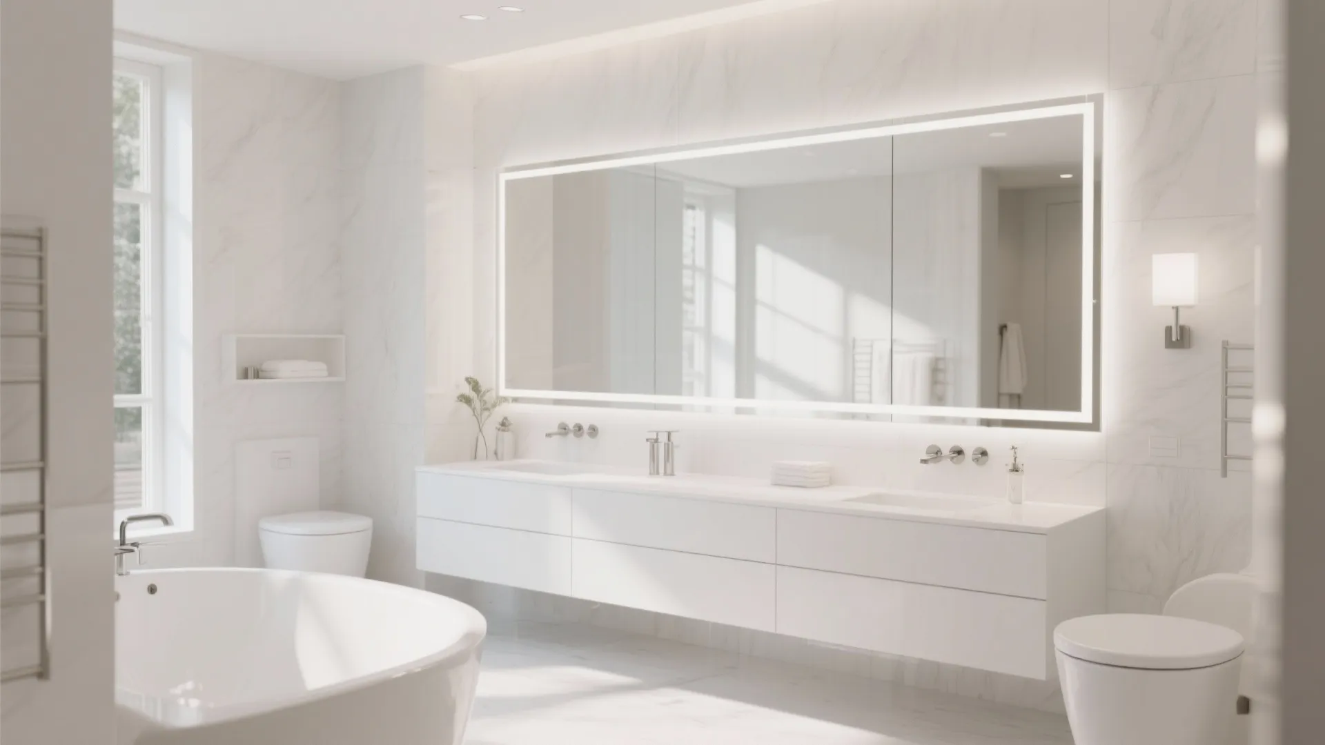 Bright white bathroom interior design with large mirror bathtub cabinet toilet and natural window light
