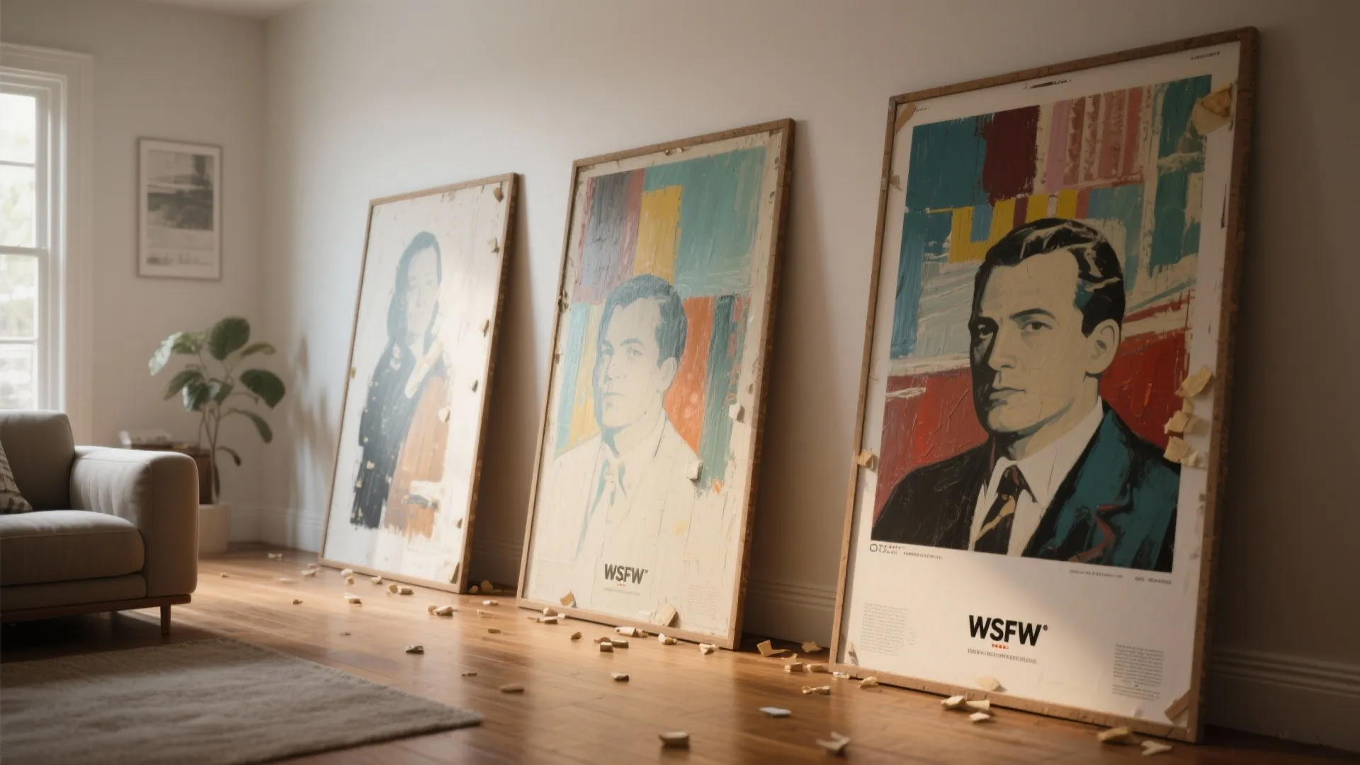 Large painted poster boards placed in a room to show true color scale beside furniture and flooring.