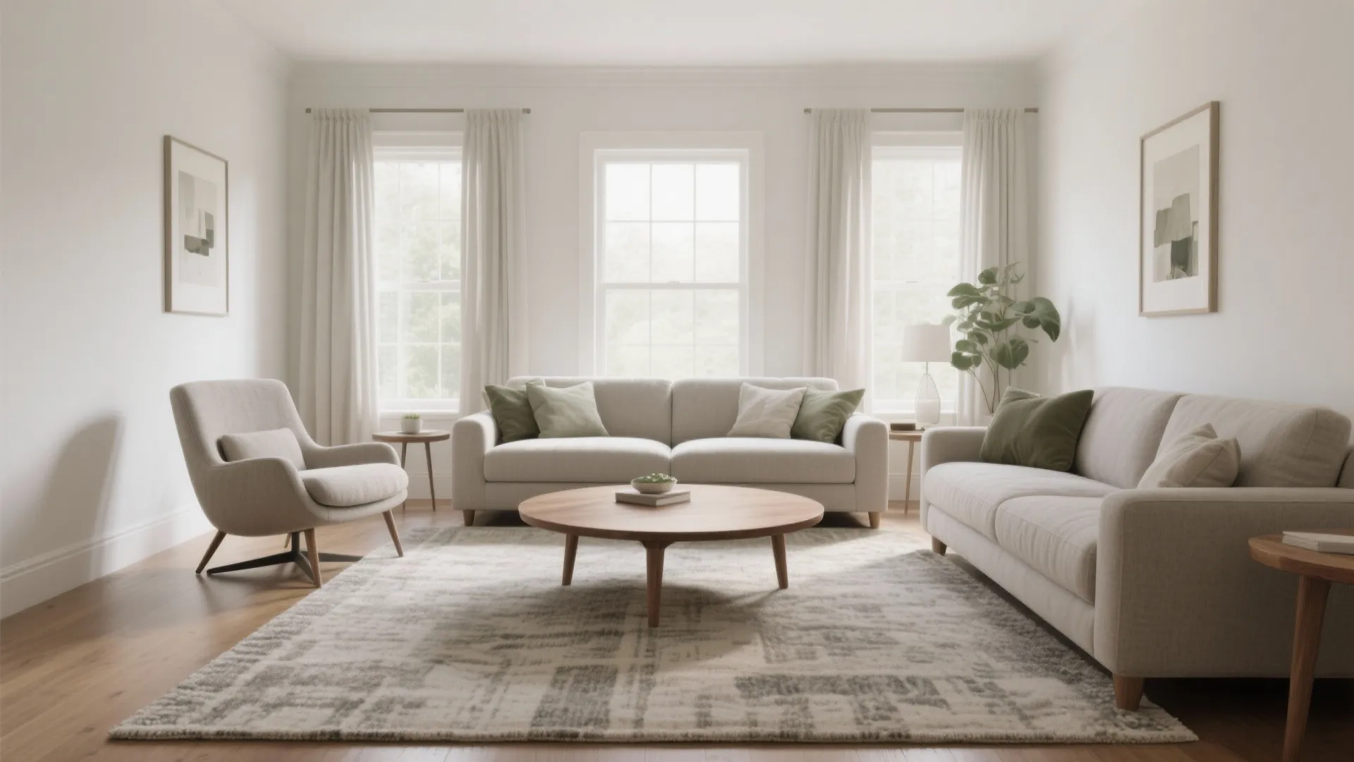 Modern bright living room with white sofas round wood coffee table patterned rug and large windows