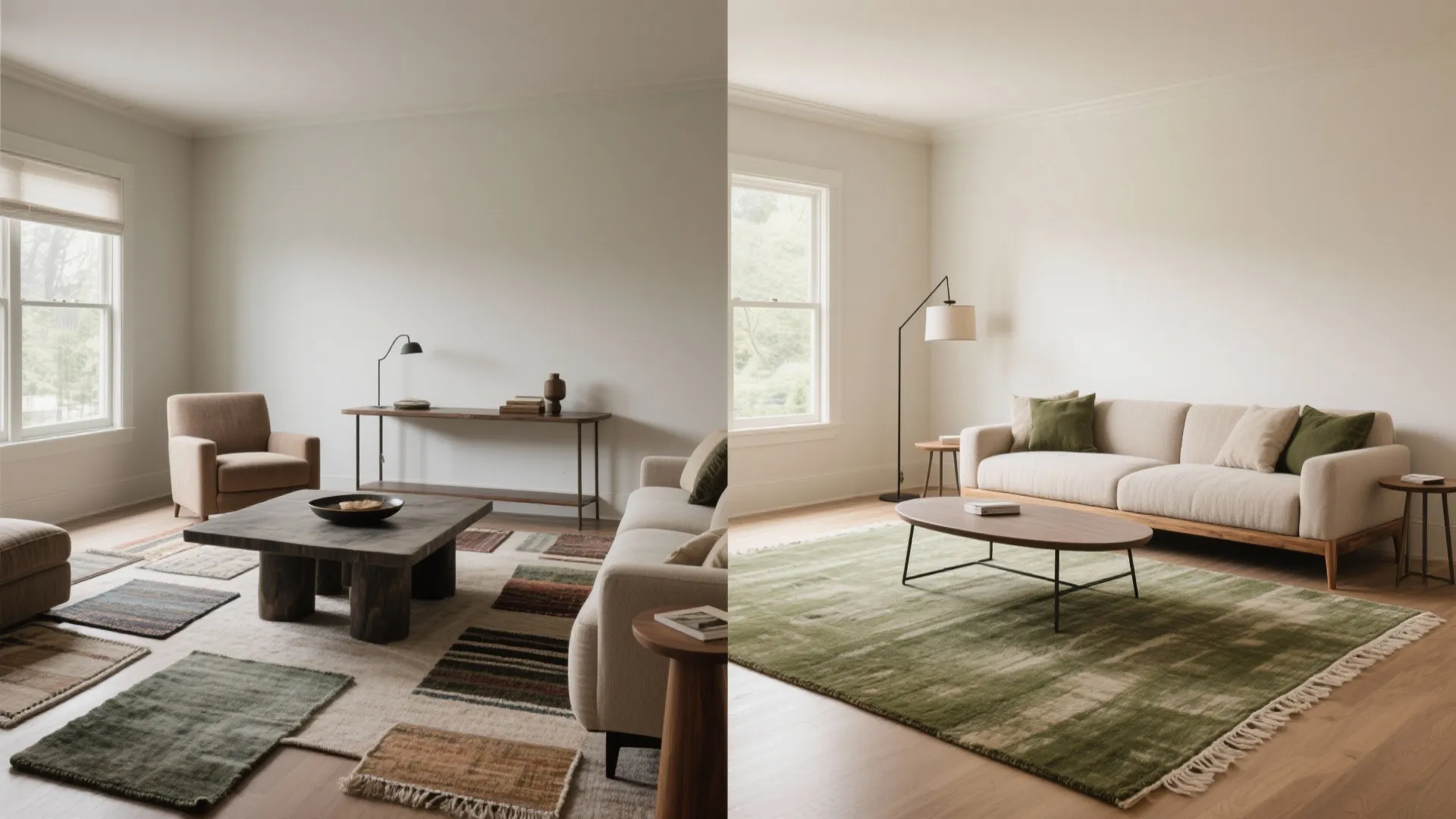Comparison of living room with small rug samples versus a large green area rug layout design