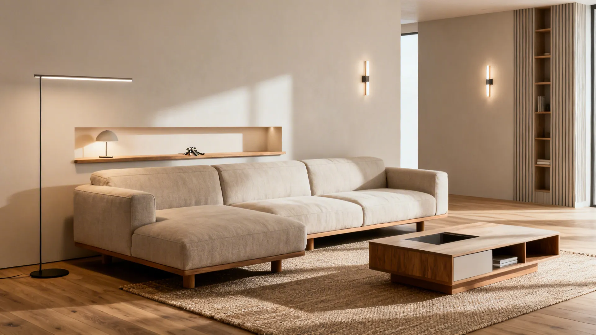 Spacious beige sofa on rug with wooden coffee table, floor lamp, and modern wall lights