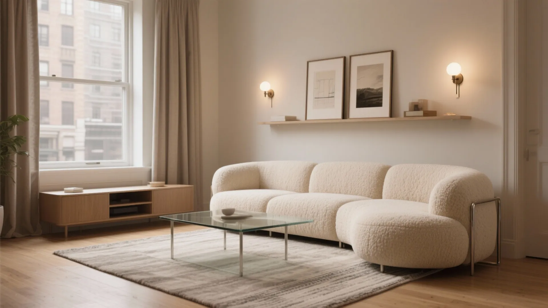 Modern living room with white curved sofa glass coffee table wood floor and natural light
