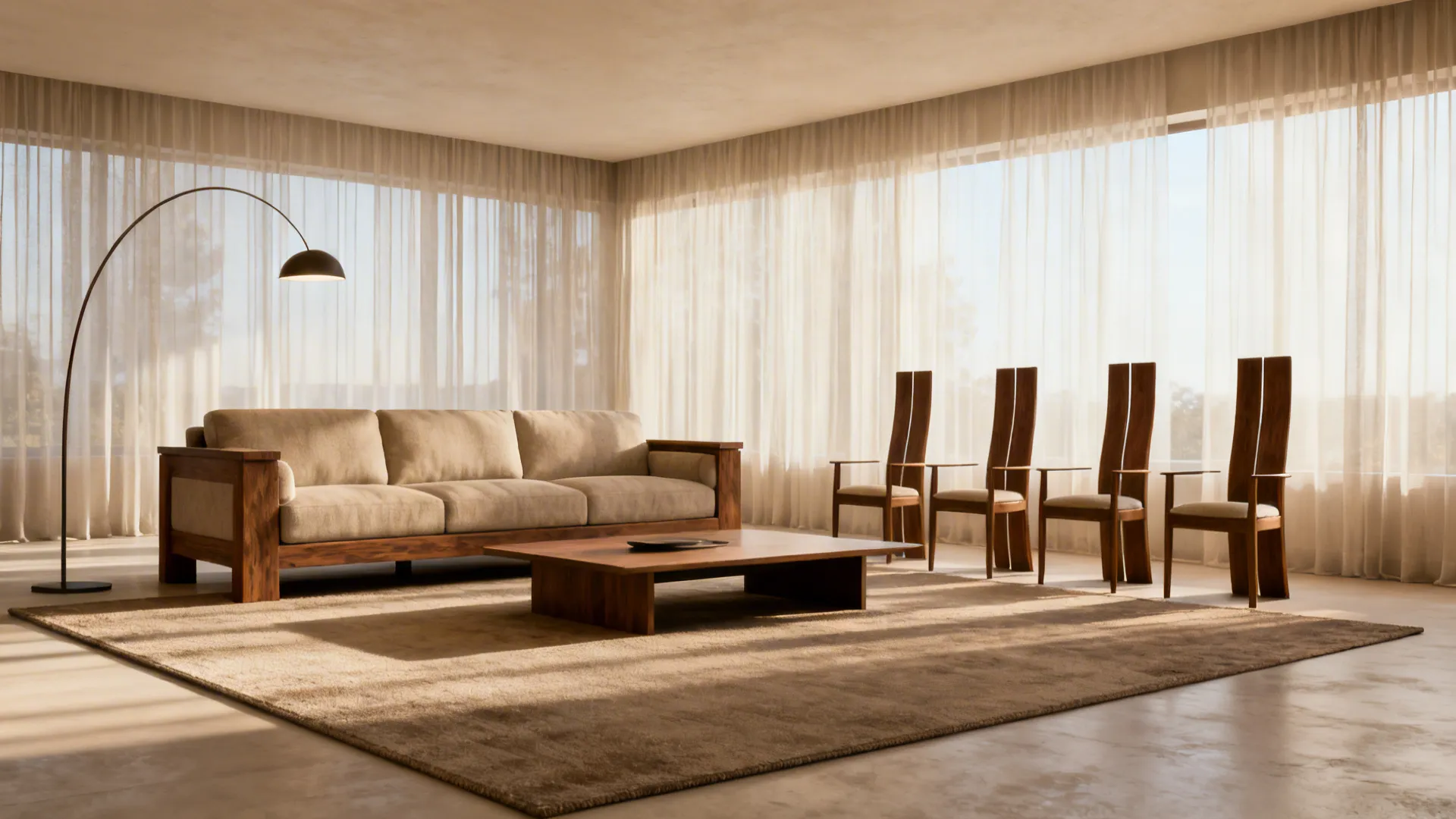 Modern living room with beige sofa wooden coffee table floor lamp and tall wood chairs
