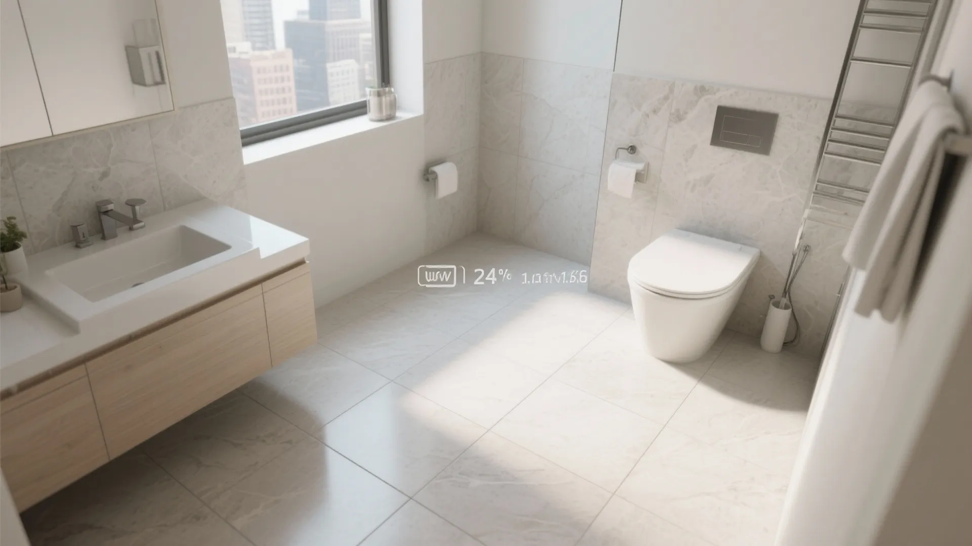 Modern bright bathroom with white sink wooden cabinet toilet window showing city view and tiles