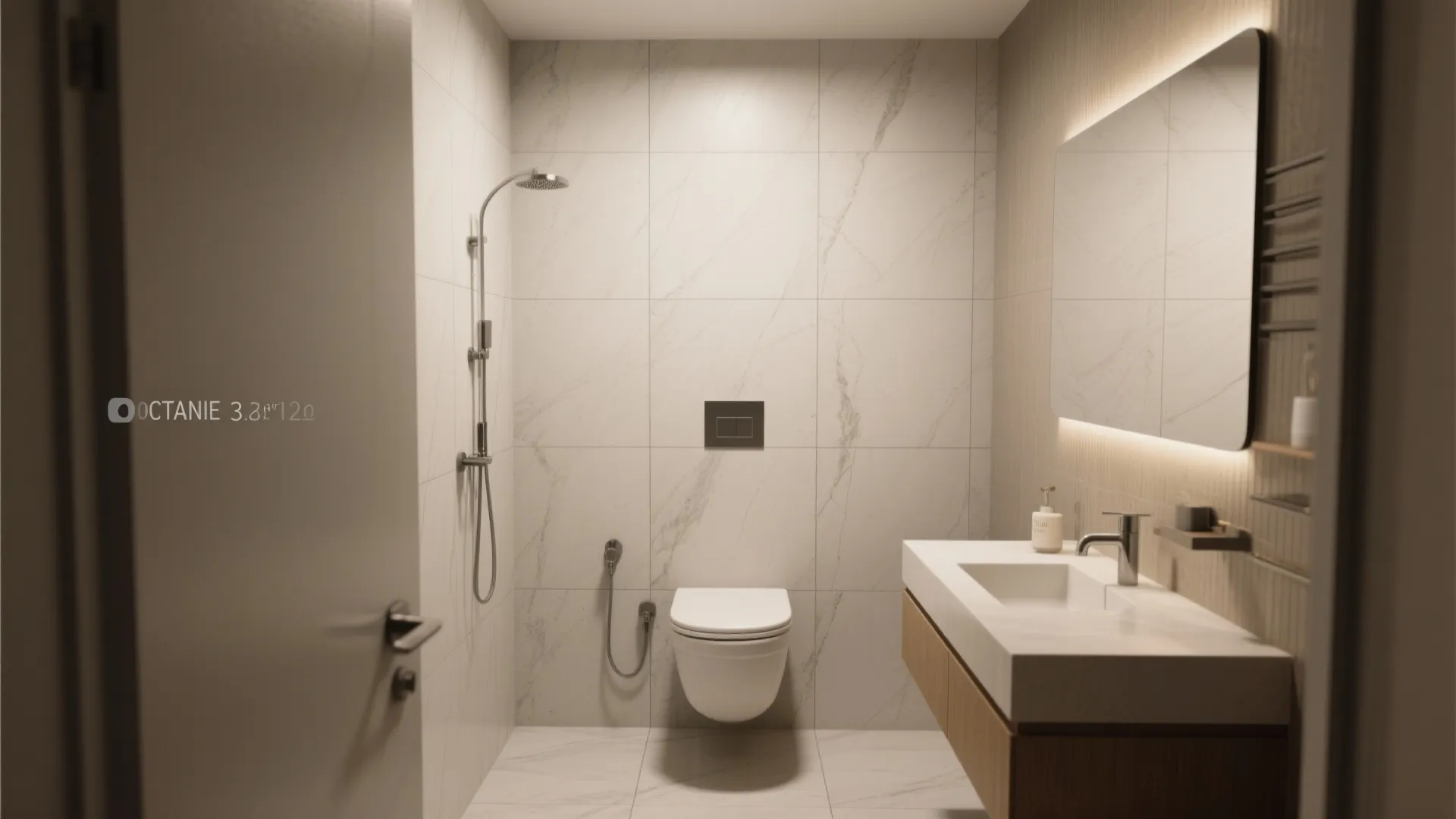 Clean bathroom layout with white wall tiles modern toilet sink cabinet and a large mirror