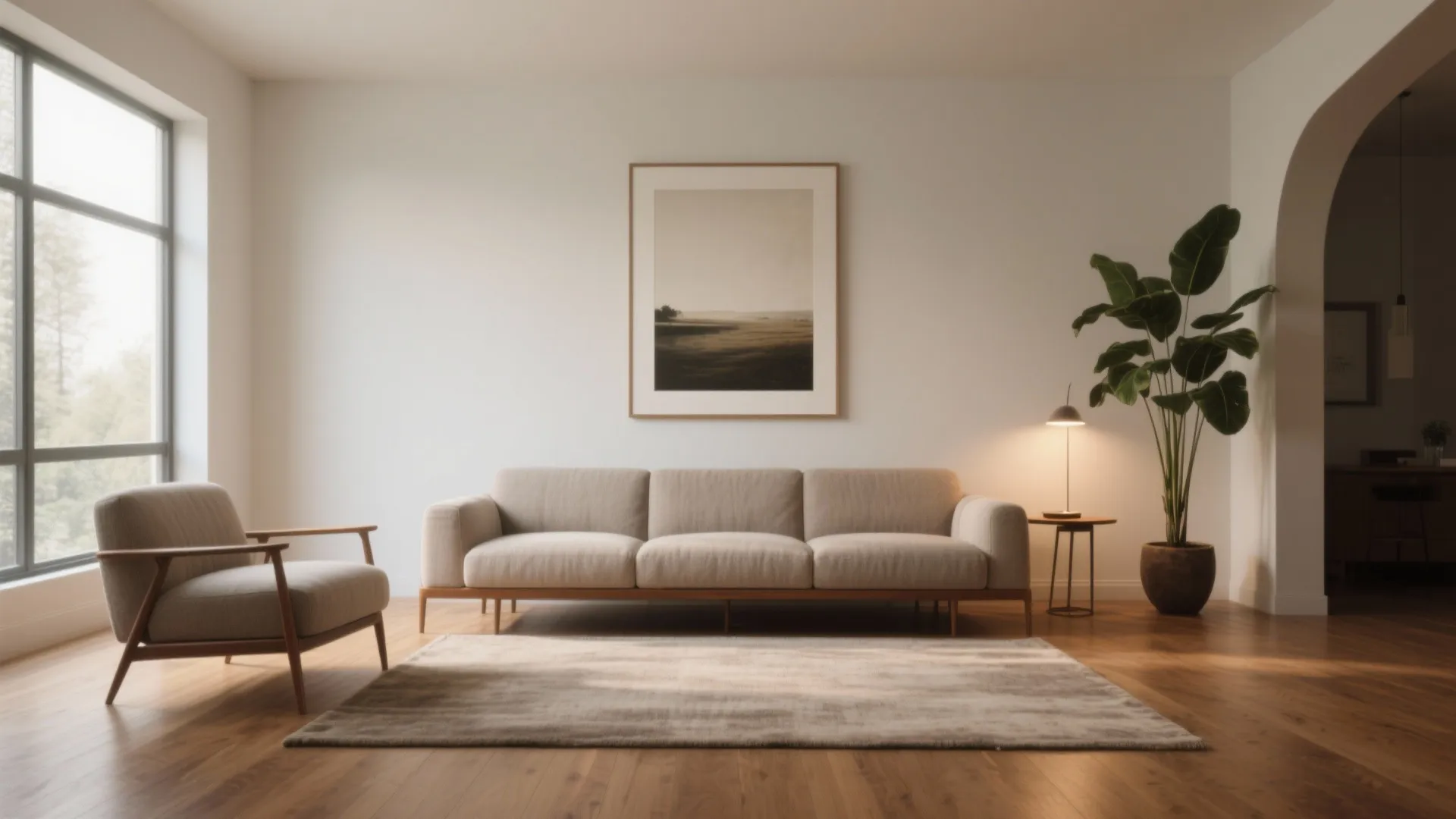 Modern living room with beige sofa armchair large framed wall art green plant and wooden floor