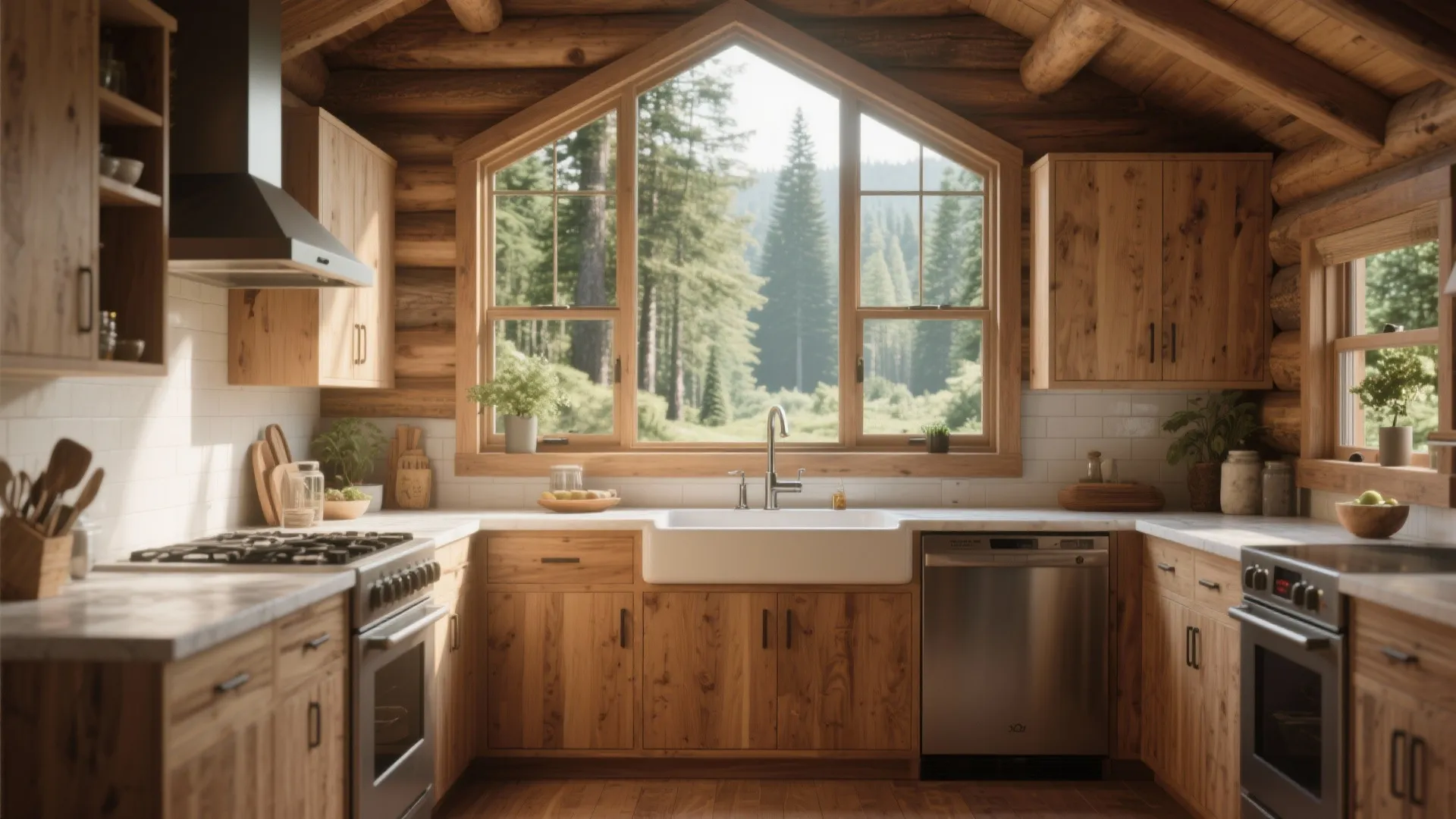Wooden cabin kitchen with large window forest view white sink gas stove and wood storage cabinets