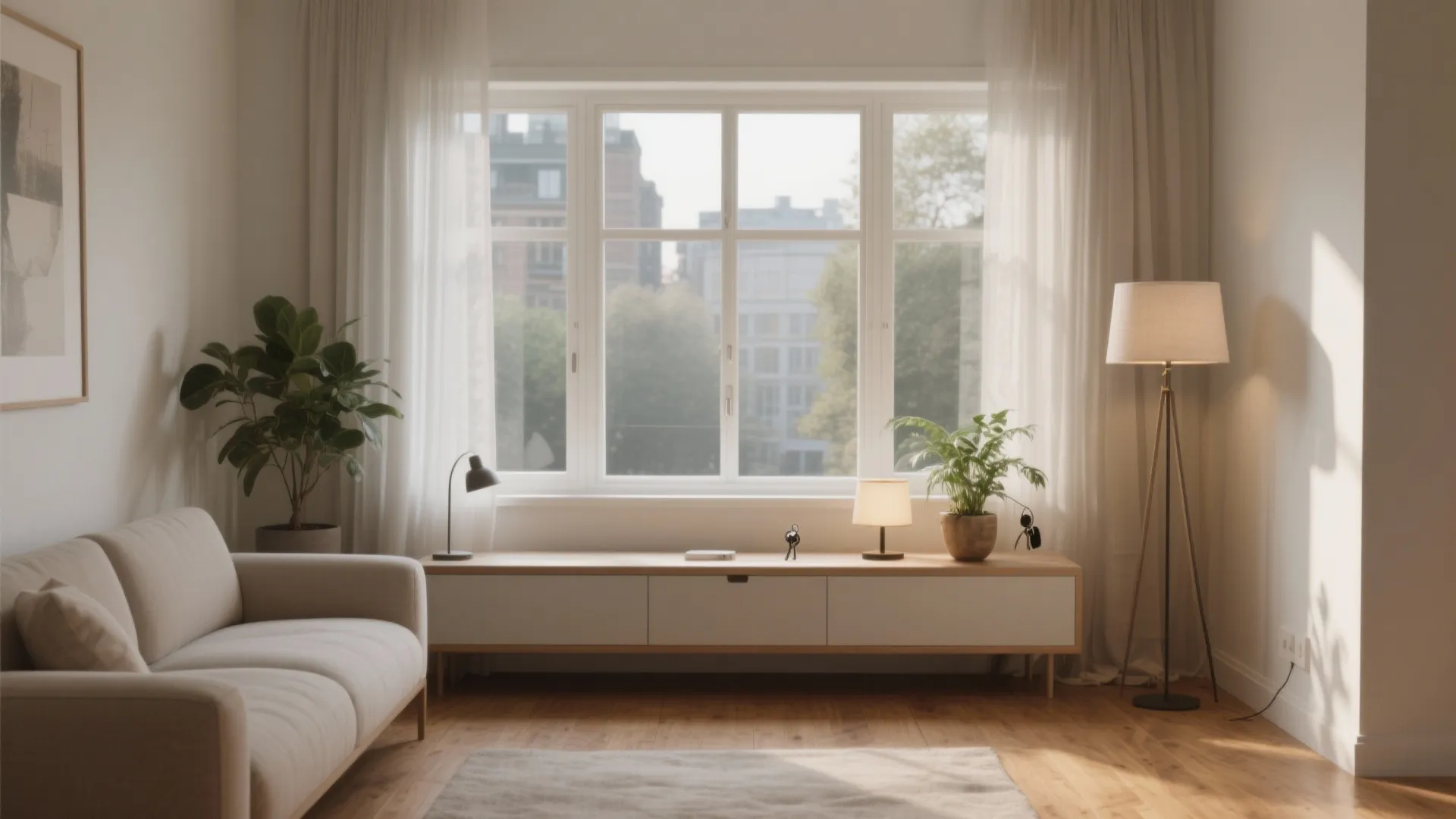 Bright living room with large windows white curtains beige sofa wooden cabinet and floor lamp