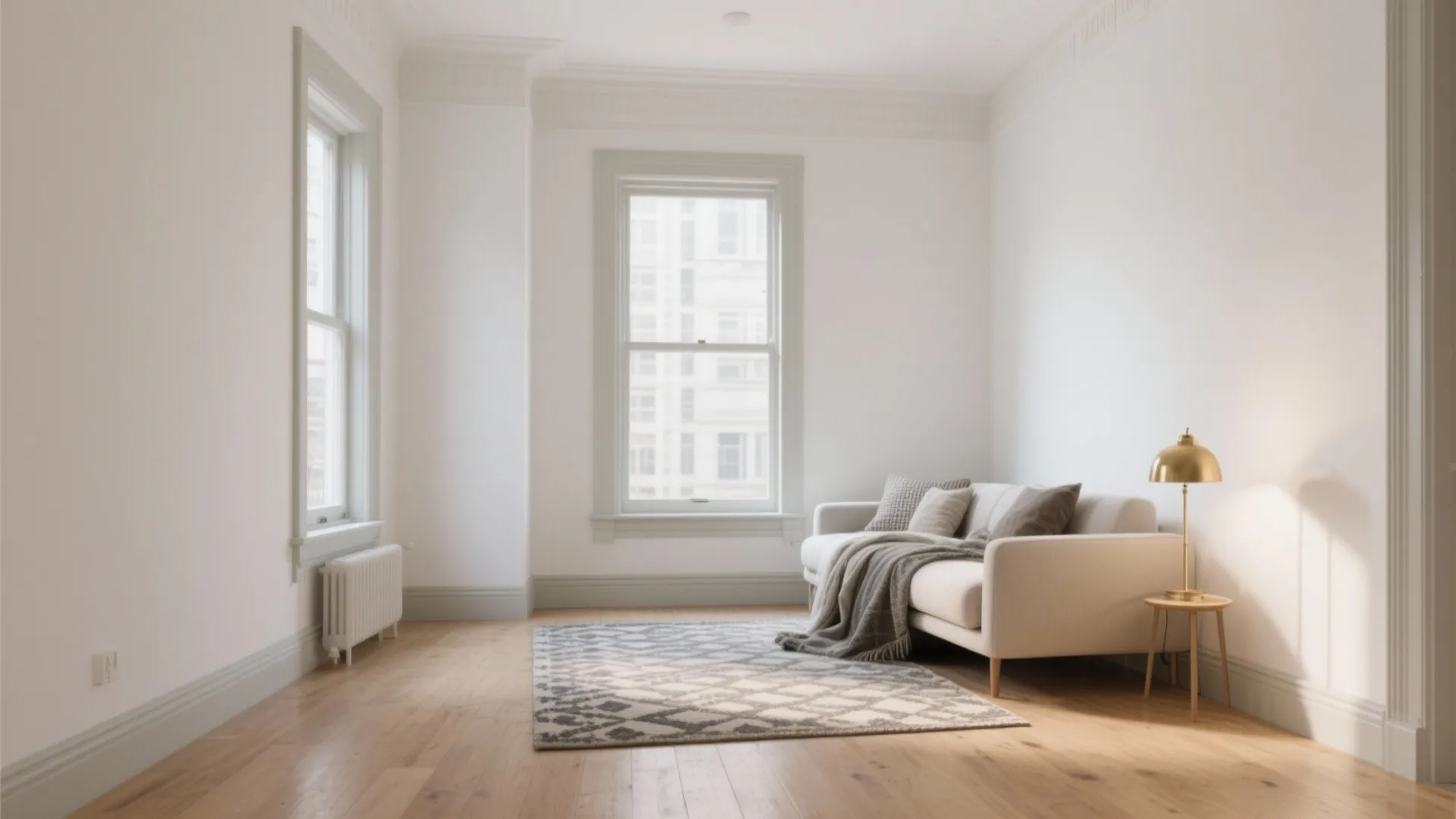 Bright living room with white walls wood floor grey sofa patterned rug and gold lamp