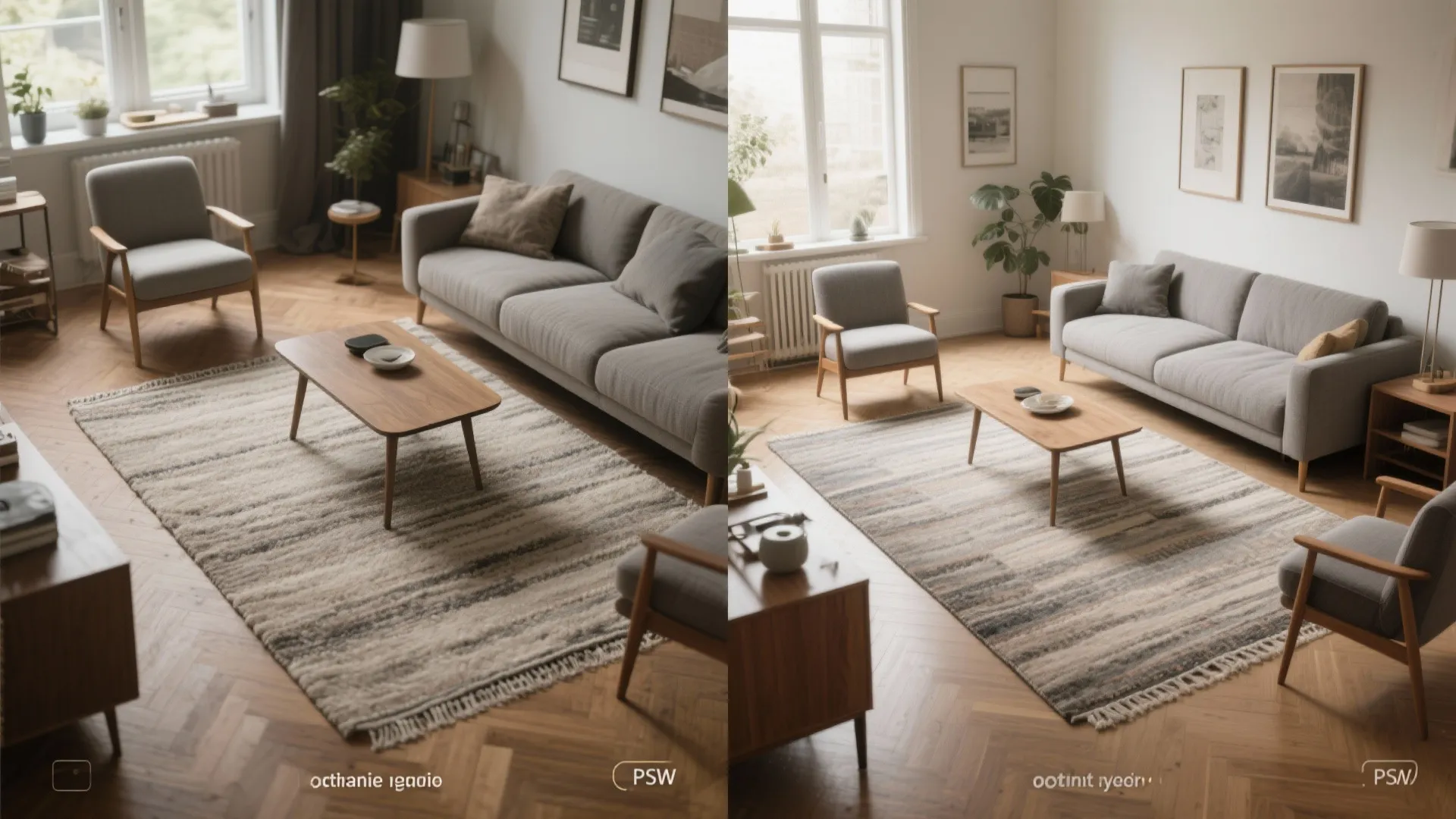 Before-and-after of a small living room: left a too-small rug, right a larger rug unifying the sofa, chairs, and coffee table.