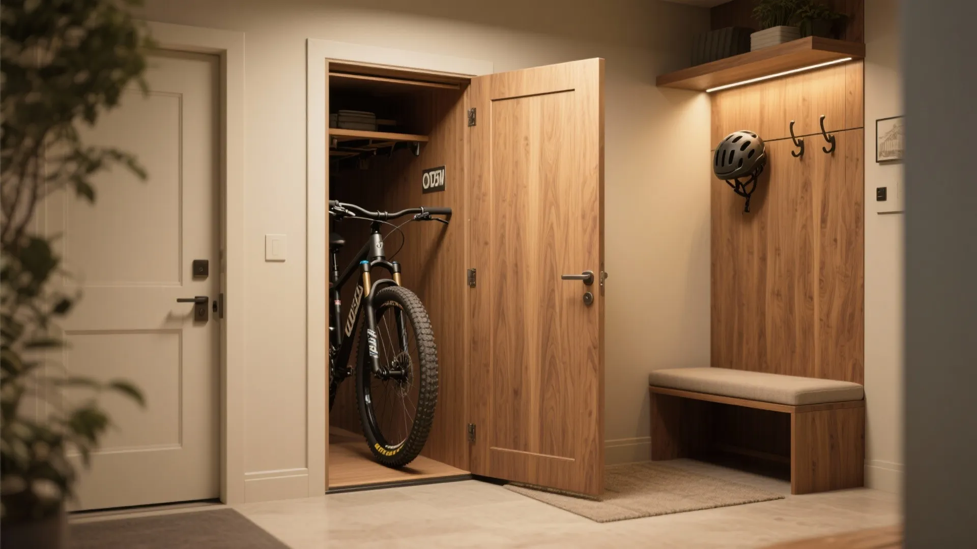 Modern indoor bike storage closet with open wooden door showing a bicycle parked inside neatly