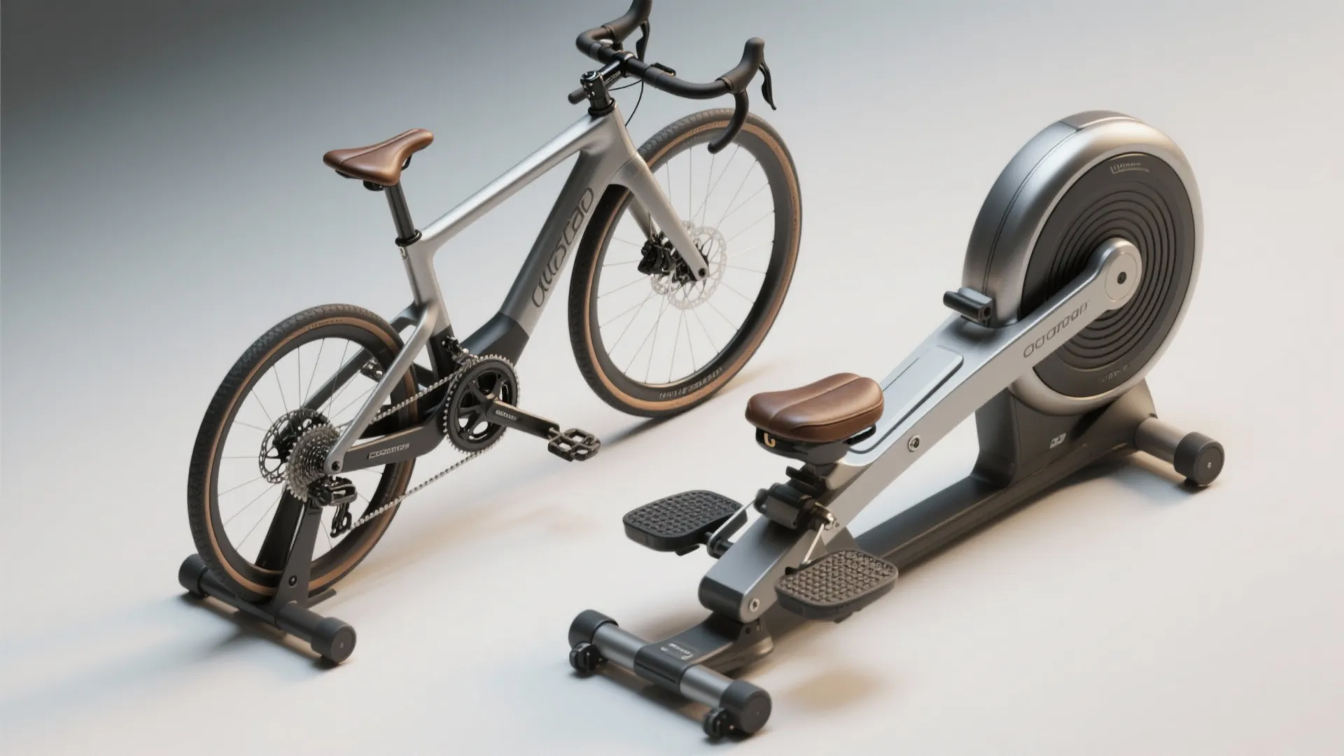 Modern grey exercise bike and rowing machine with brown seats on a clean white background