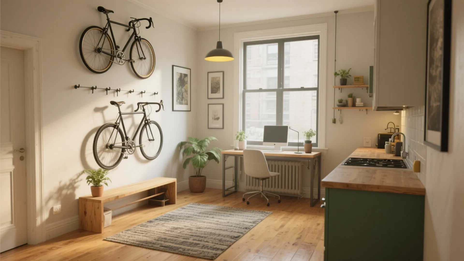 Modern studio apartment with bikes on the wall next to wooden desk and kitchen counter
