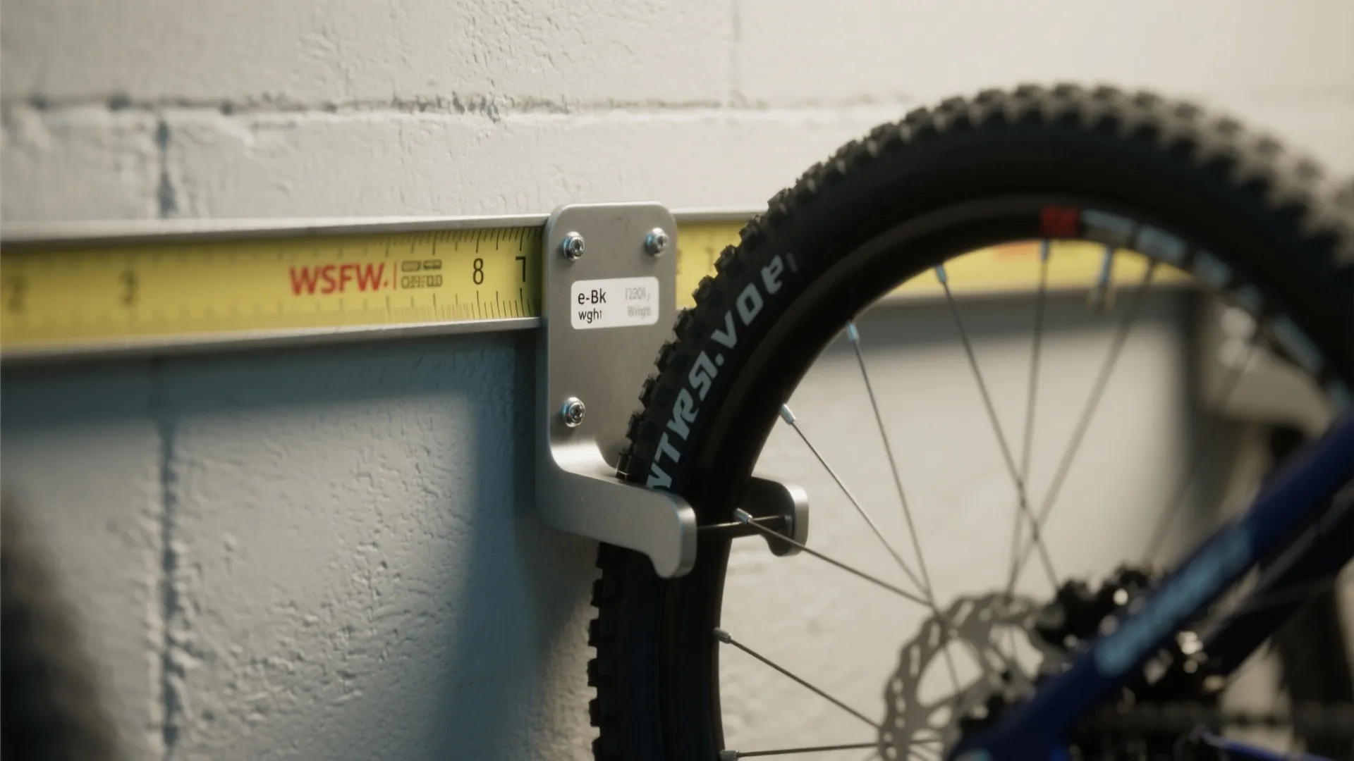 Close up of a bicycle wheel stored in a metal wall hook with a yellow ruler