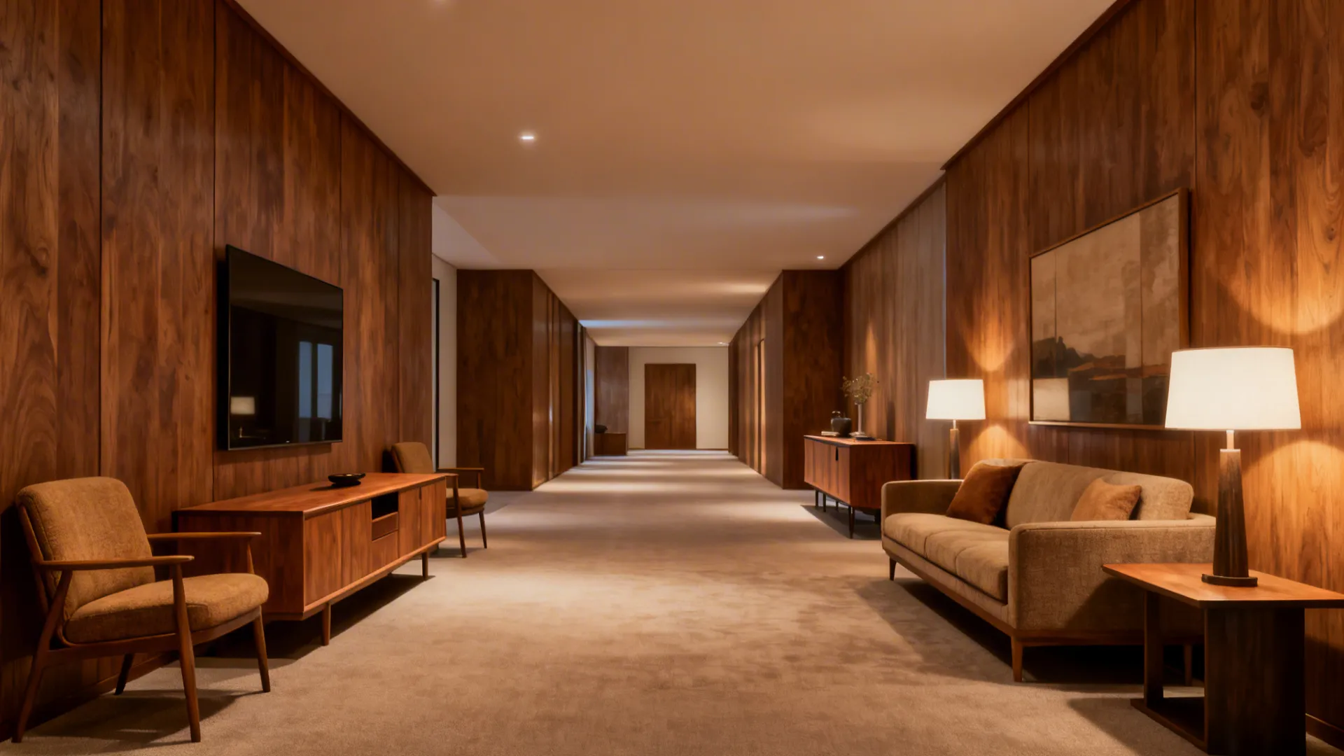 Symmetrical arrangement with low credenza and armchairs mirroring sofa and console in a rectangular room.