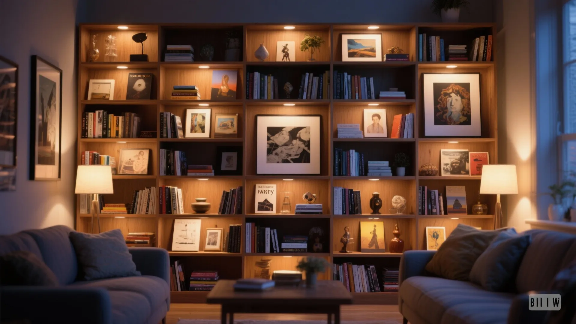 Styled Billy bookcase with picture lighting highlighting art and collectibles