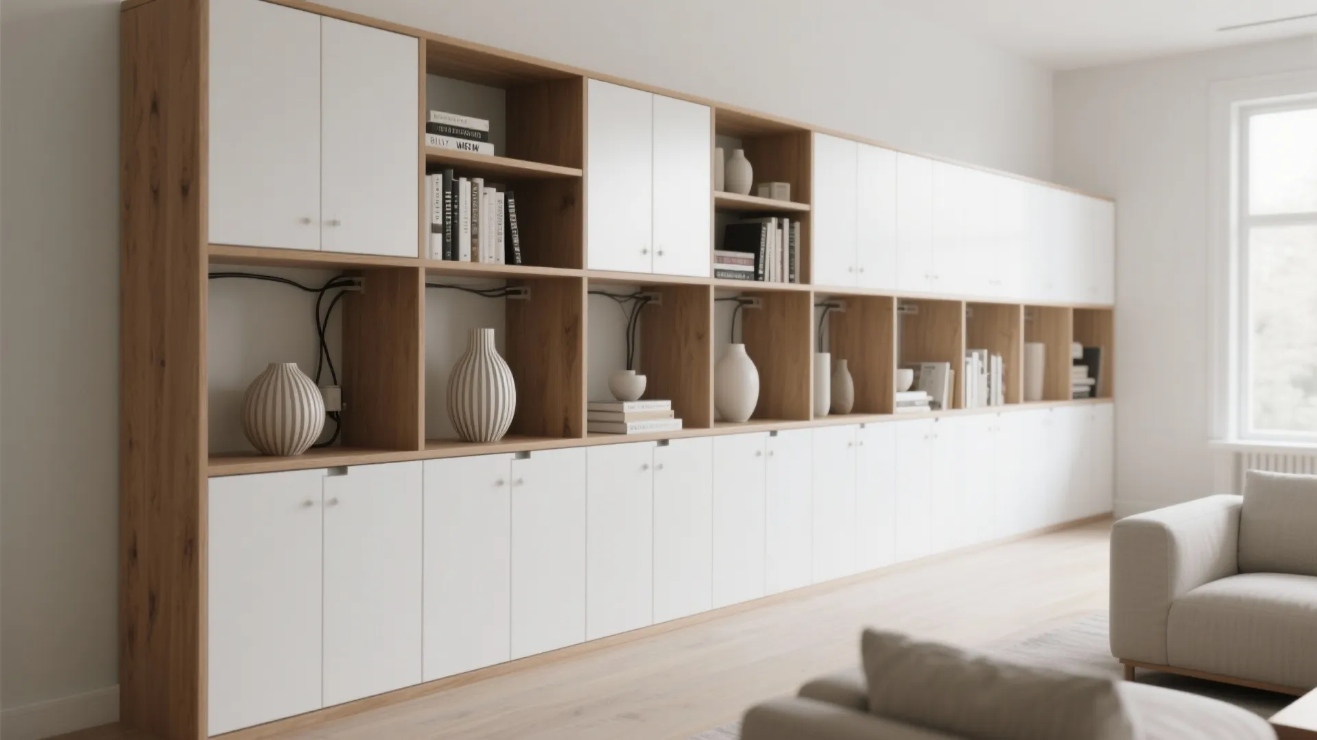 Large white and wood cabinet unit filling a wall with books and decorative storage vases